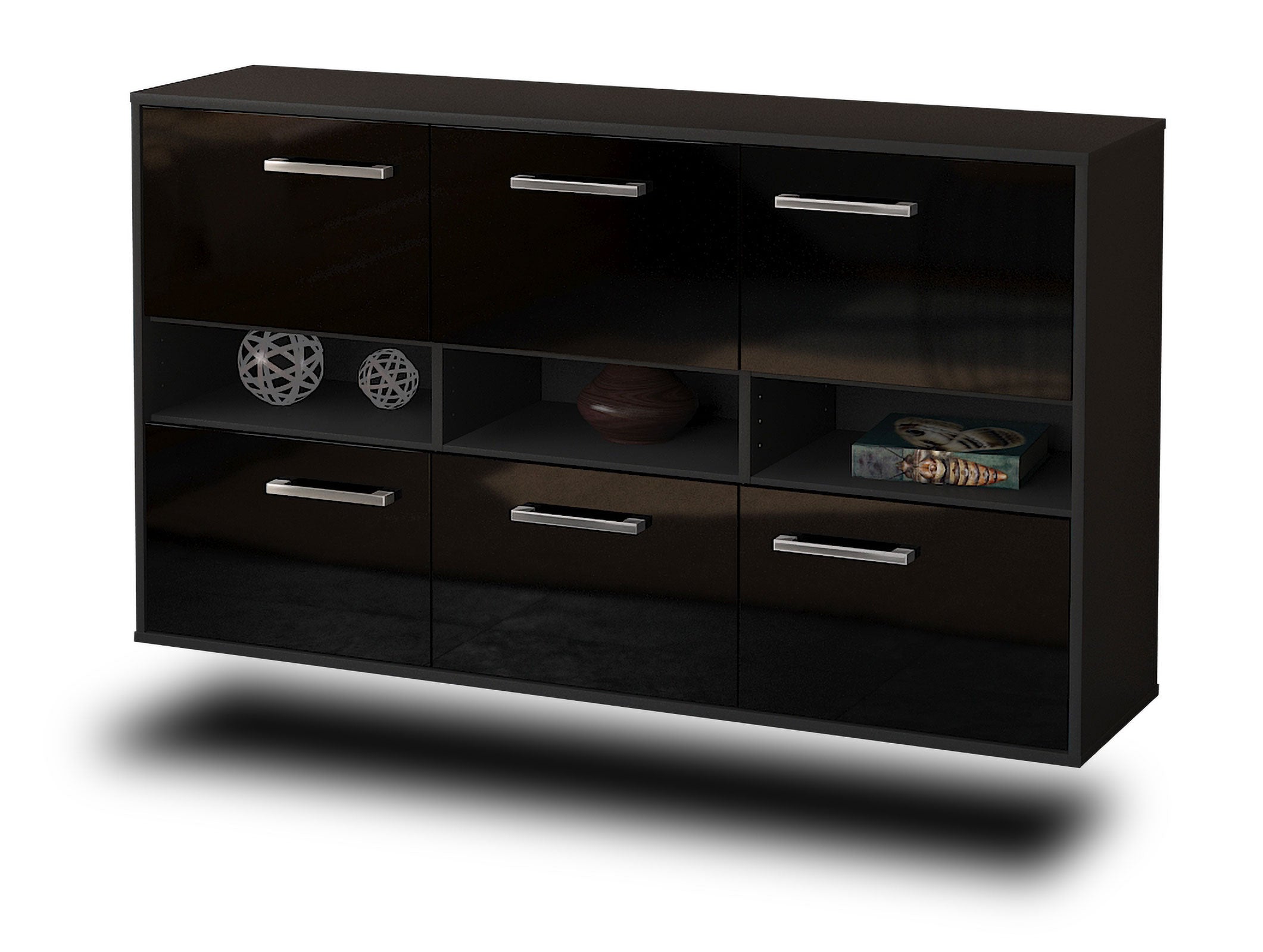 Sideboard - Diletta - Design Hochglanz - Wandmontage mit Griffe 136 cm Anthrazit