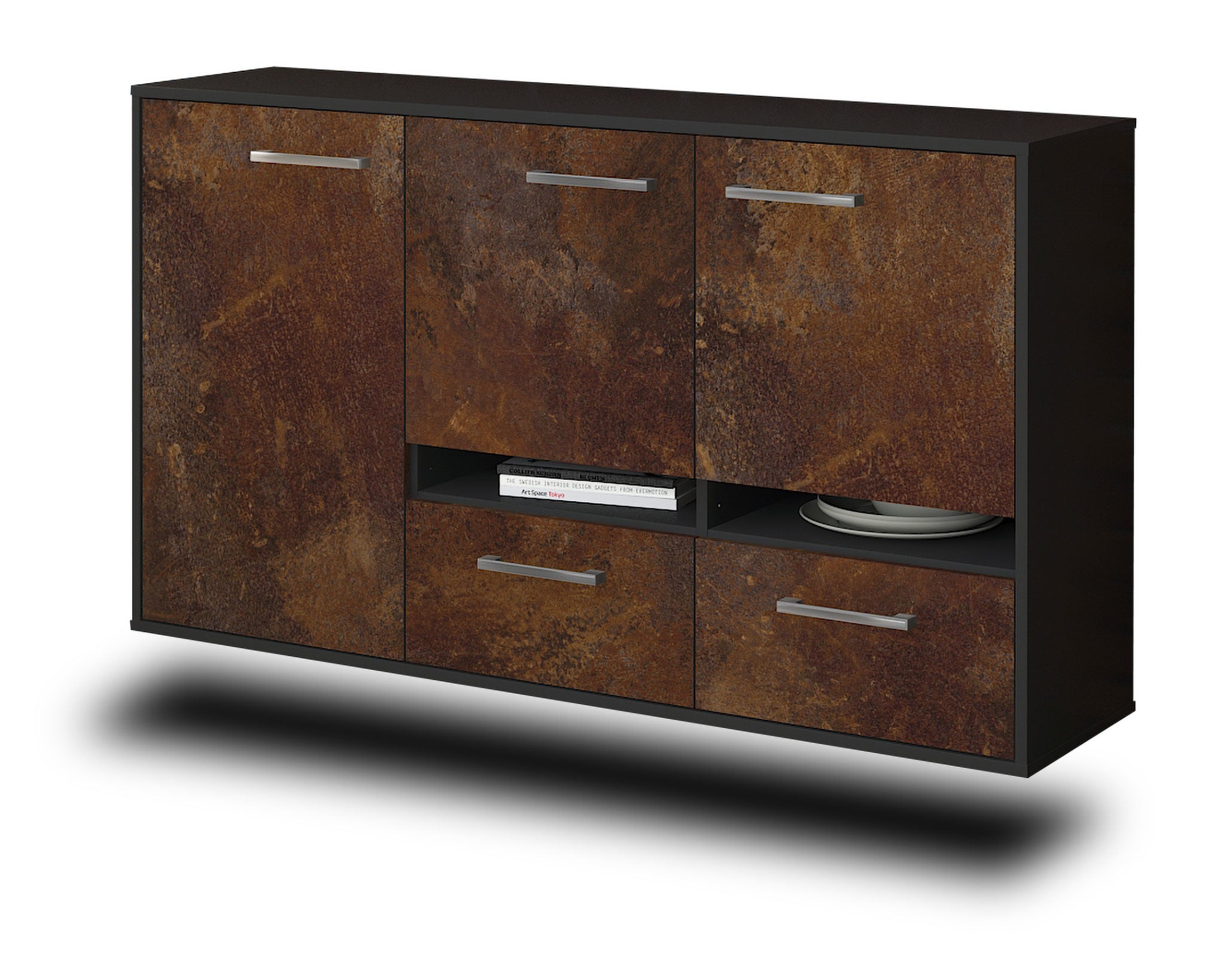 Sideboard - Ebe - Design Industrie Stil - Wandmontage mit Griffe 136 cm Anthrazit