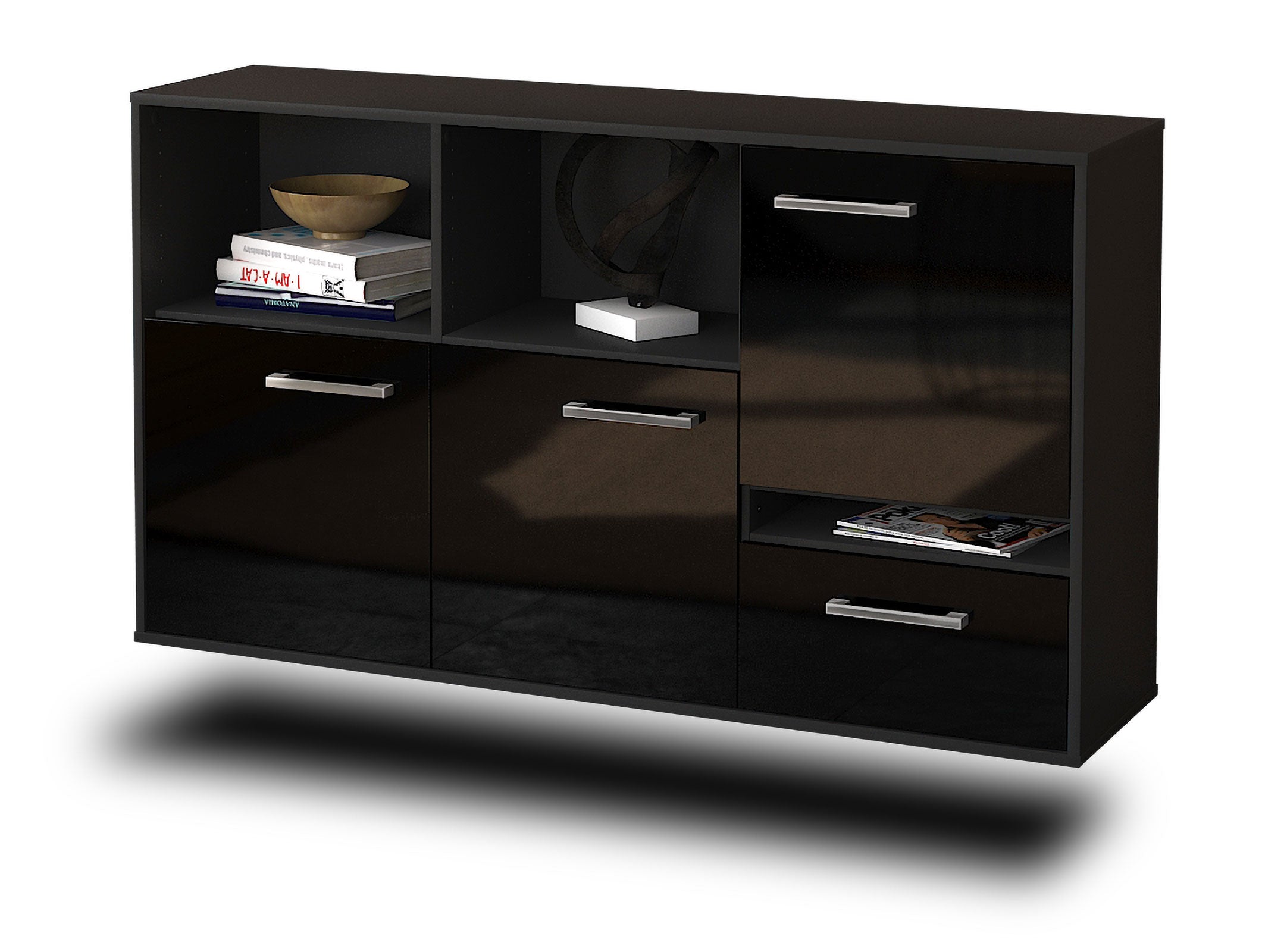 Sideboard - EDA - Design Hochglanz - Wandmontage mit Griffe 136 cm Anthrazit
