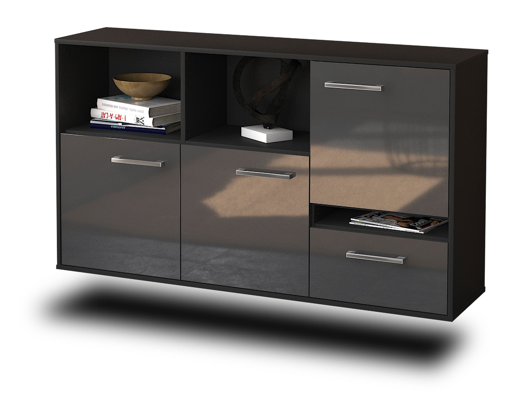 Sideboard - EDA - Design Hochglanz - Wandmontage mit Griffe 136 cm Anthrazit