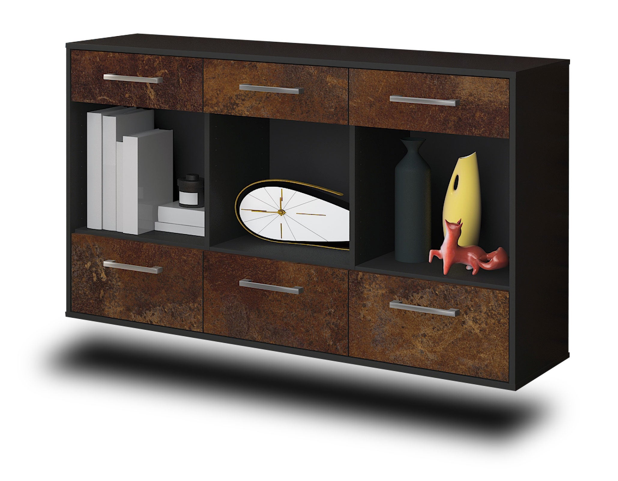 Sideboard - Efisia - Design Industrie Stil - Wandmontage mit Griffe 136 cm Anthrazit