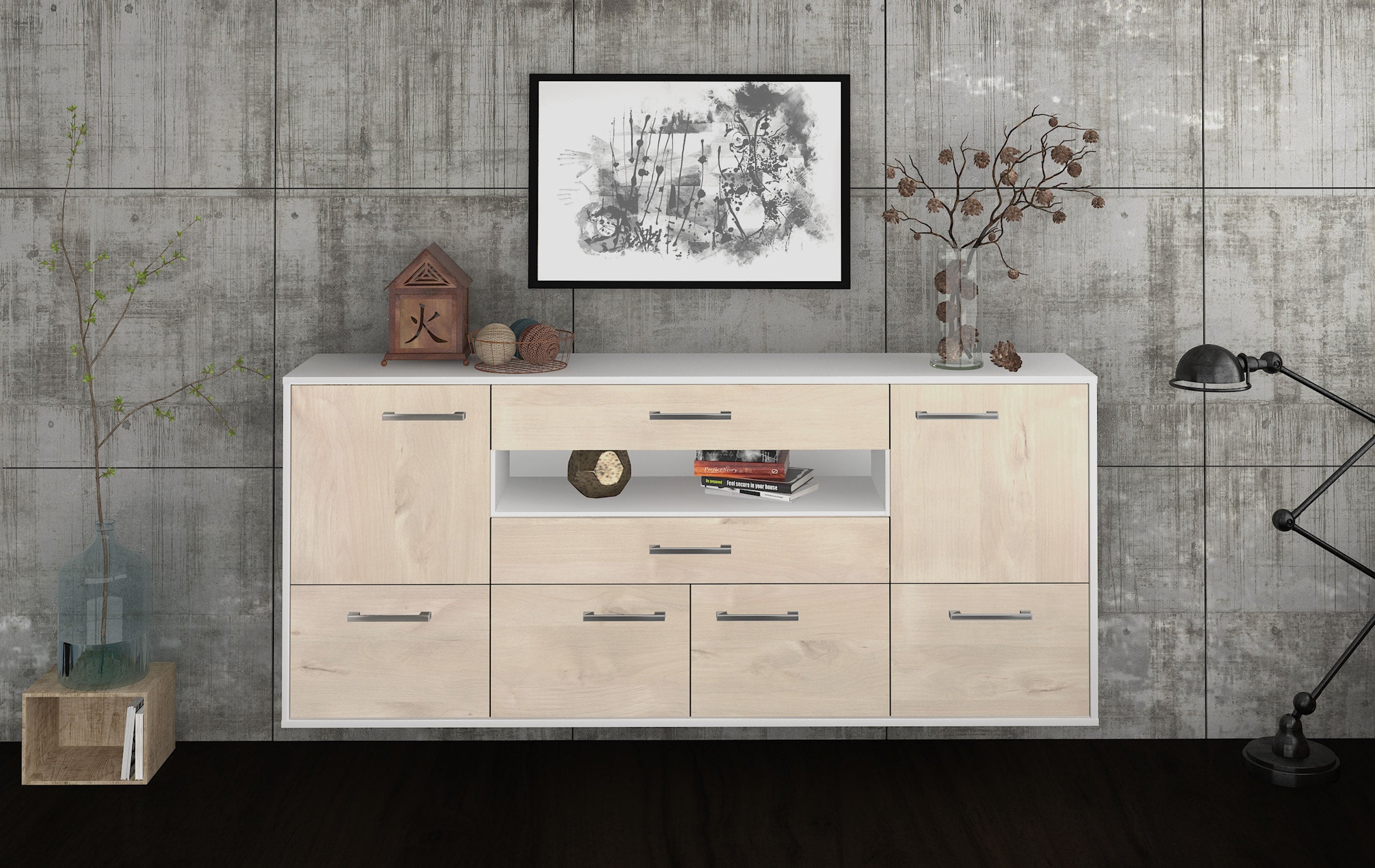 Sideboard - Emely - Design Holzdekor - Wandmontage mit Griffe 180 cm Weiss