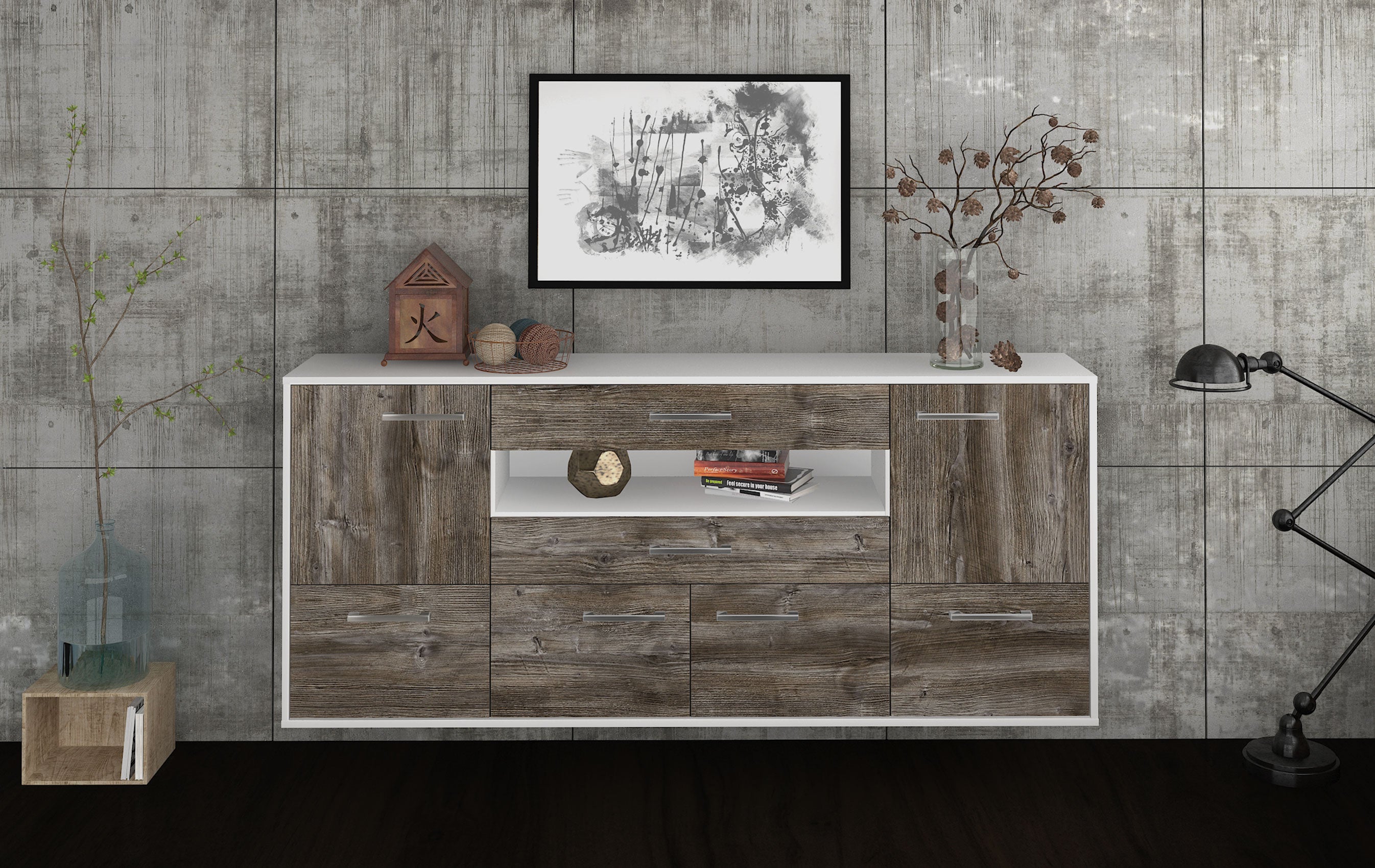 Sideboard - Emely - Design Holzdekor - Wandmontage mit Griffe 180 cm Weiss