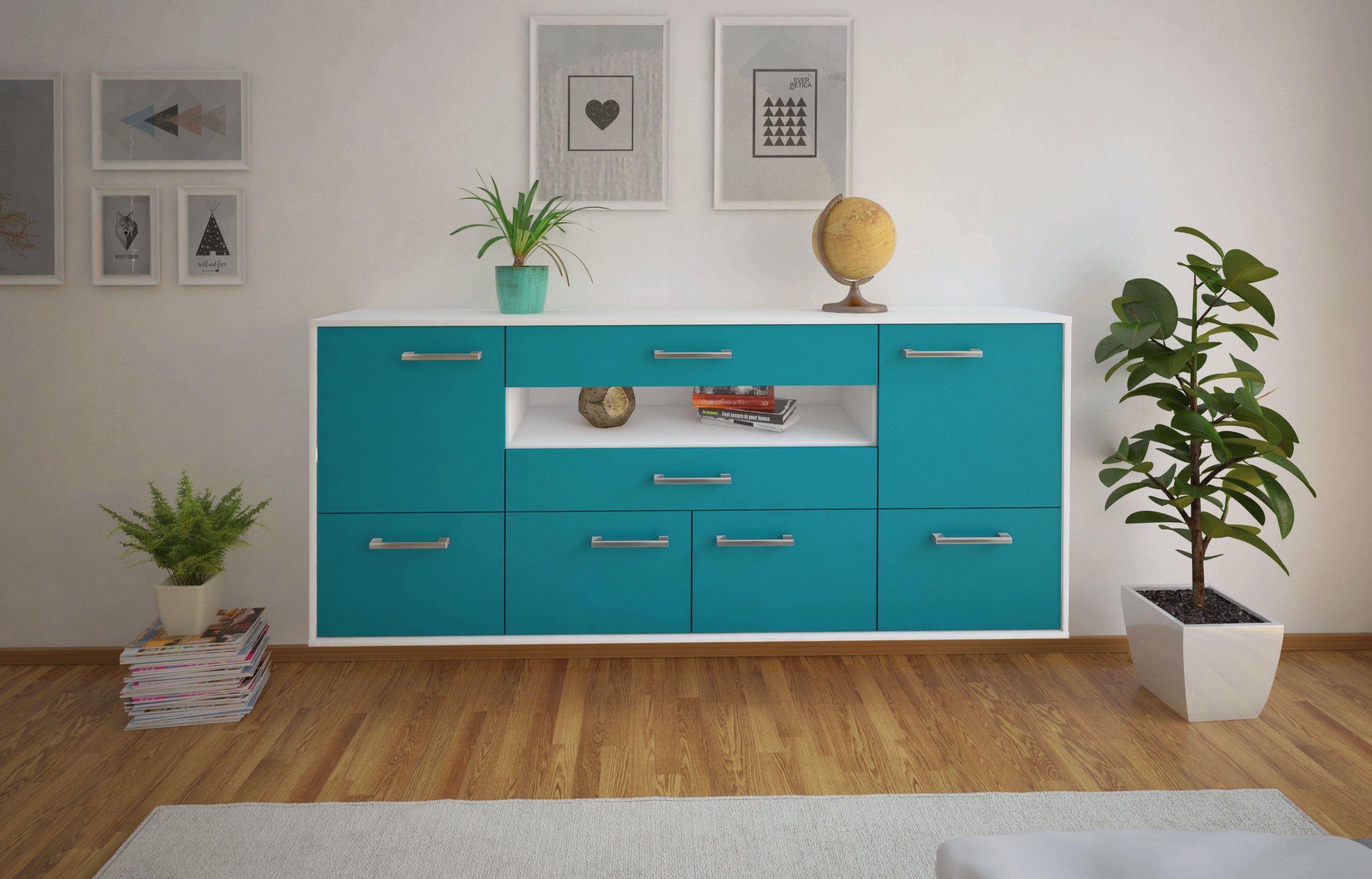 Sideboard - Emely - Design Farbakzent - Wandmontage mit Griffe 180 cm Weiss