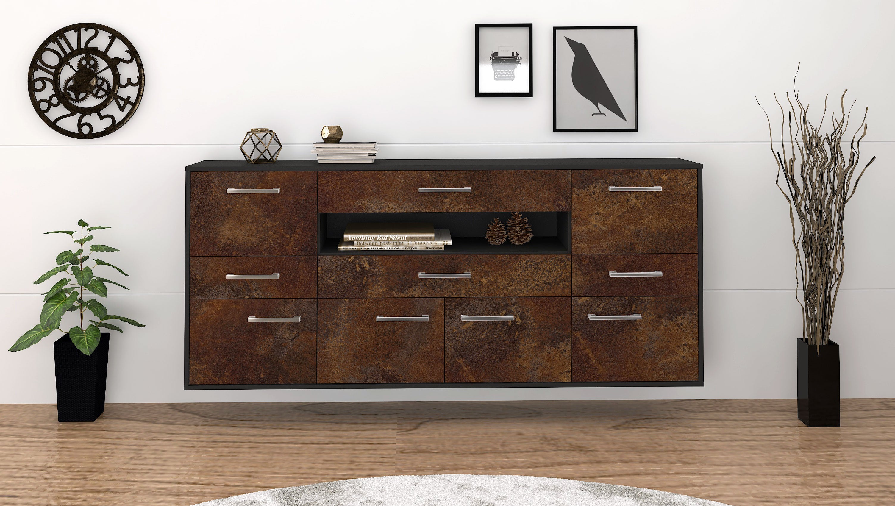 Sideboard - Emerelda - Design Industrie Stil - Wandmontage mit Griffe 180 cm Anthrazit
