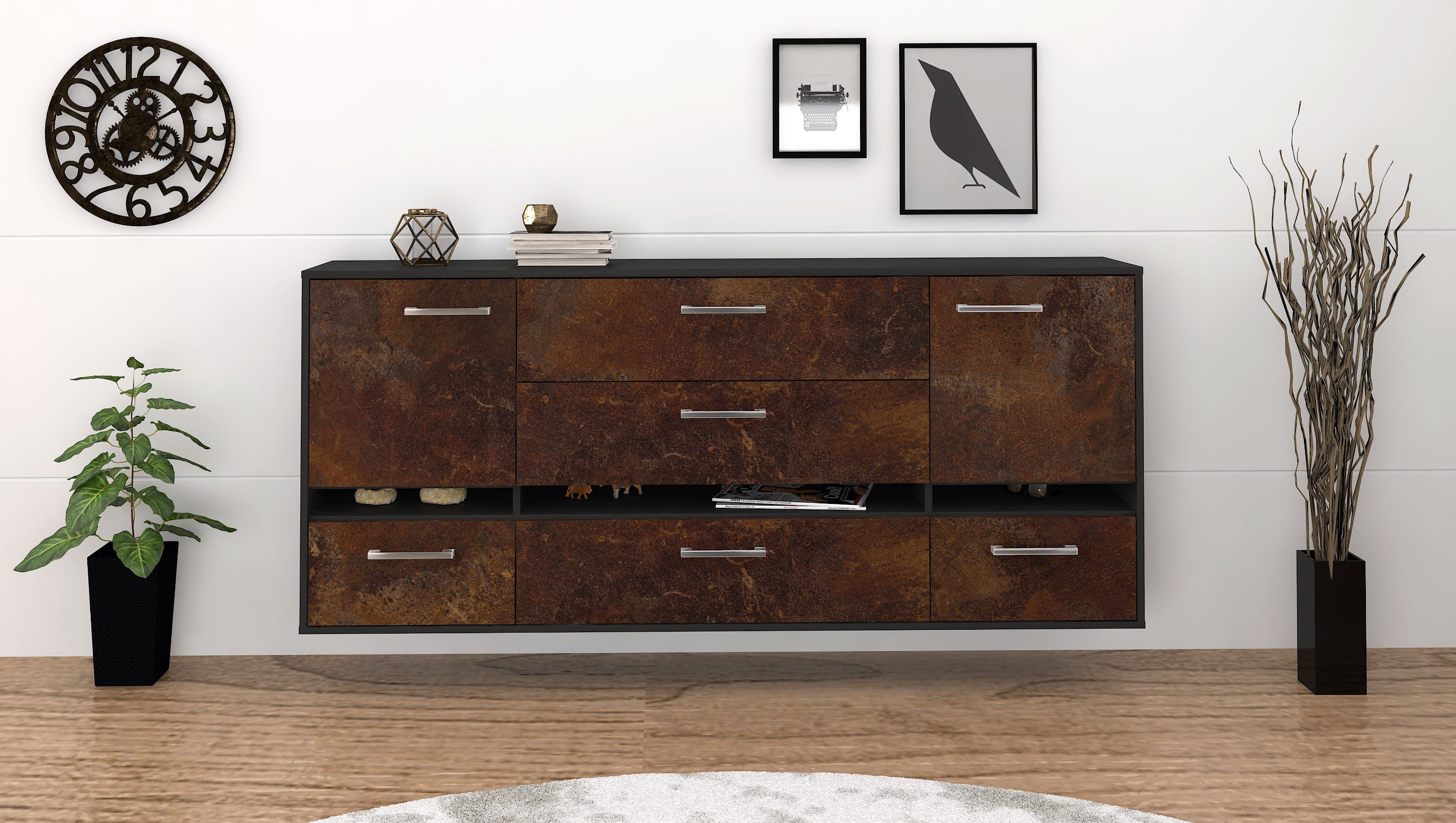 Sideboard - Floriana - Design Industrie Stil - Wandmontage mit Griffe 180 cm Anthrazit