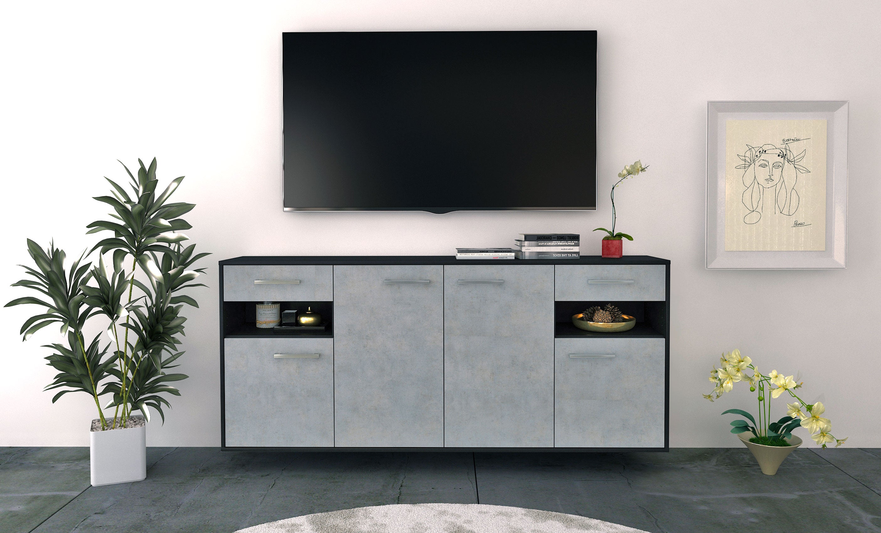 Sideboard - Franca - Design Industrie Stil - Wandmontage mit Griffe 180 cm Anthrazit