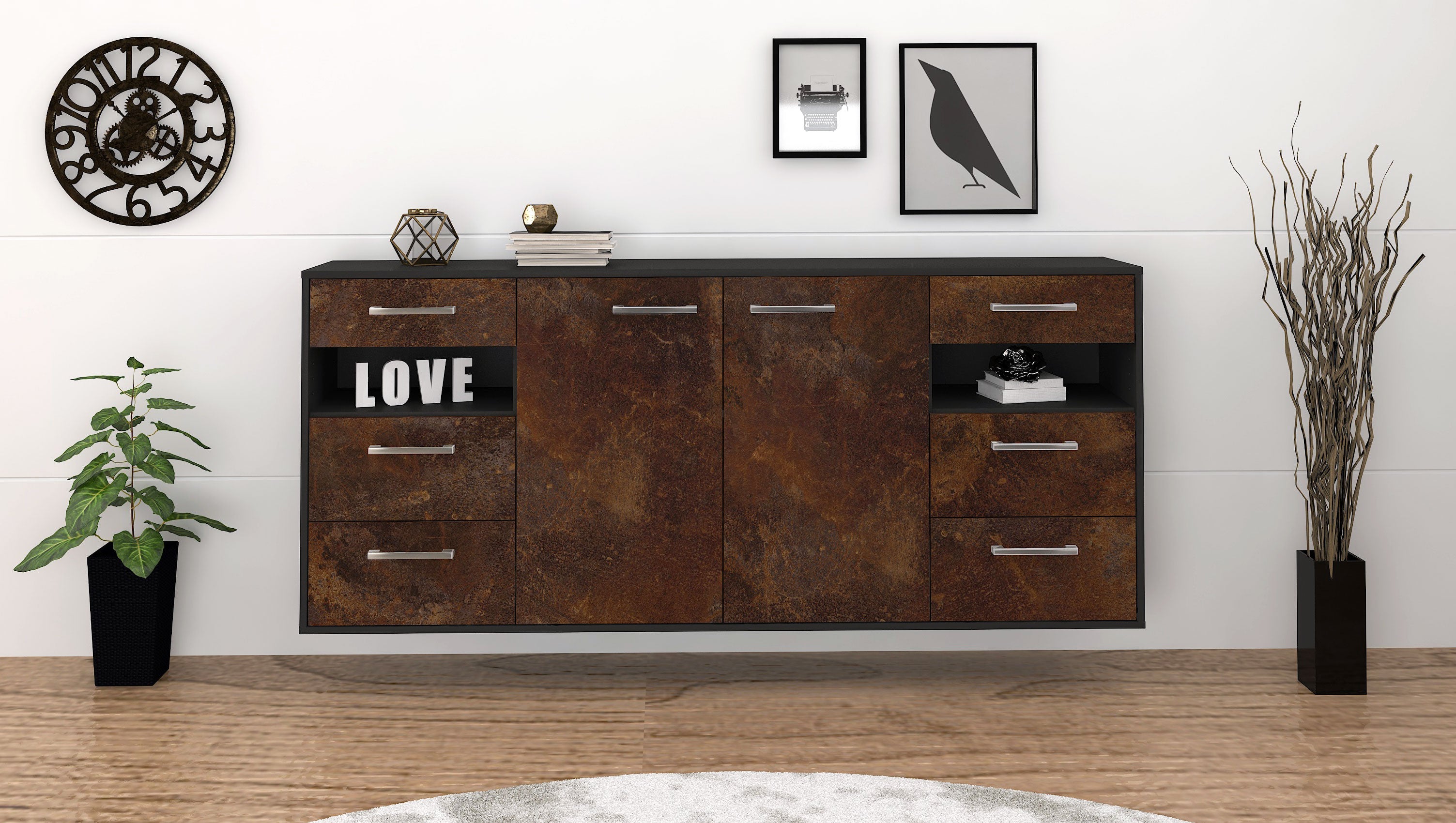 Sideboard - Francesca - Design Industrie Stil - Wandmontage mit Griffe 180 cm Anthrazit