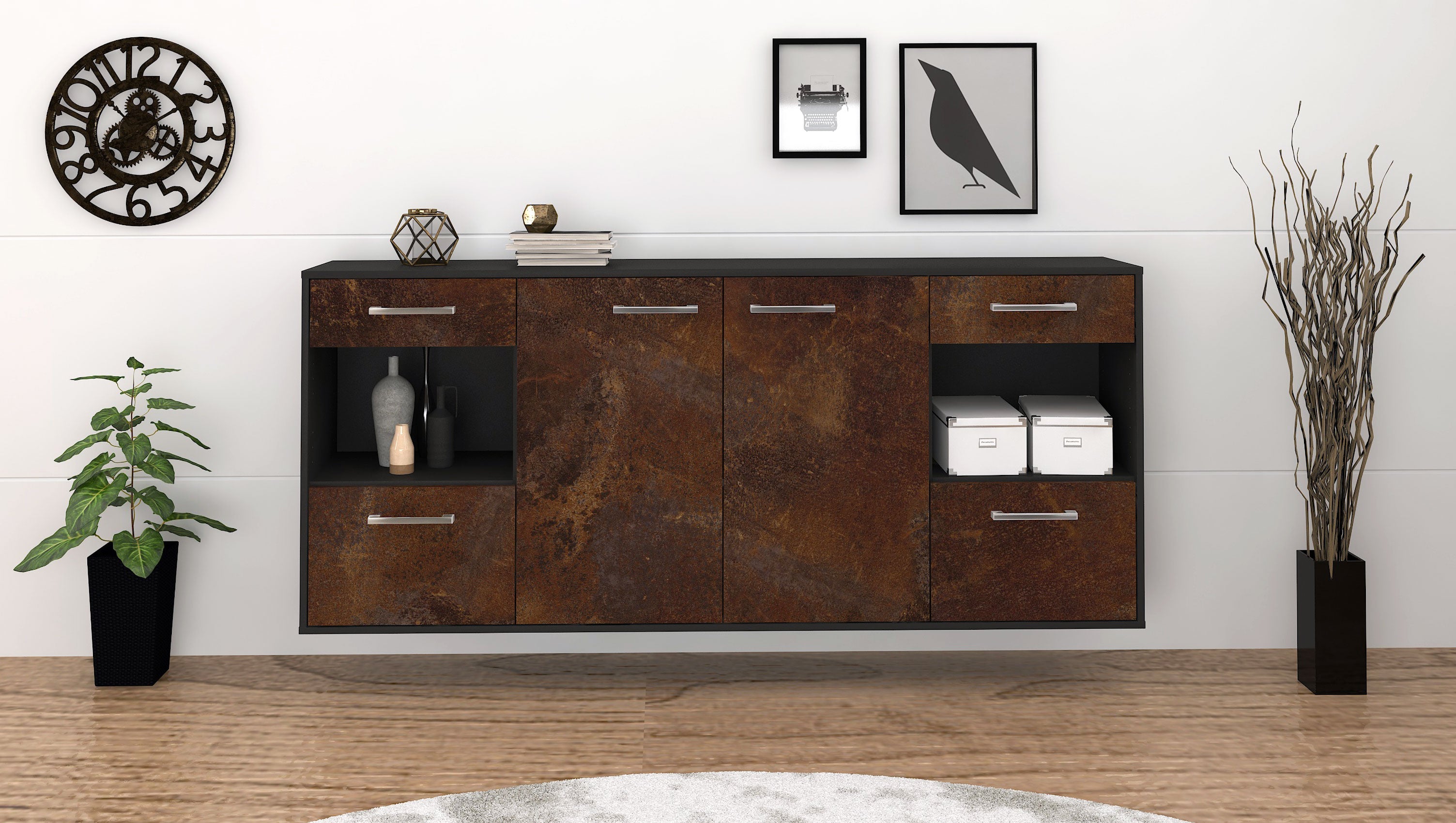 Sideboard - Gabriella - Design Industrie Stil - Wandmontage mit Griffe 180 cm Anthrazit