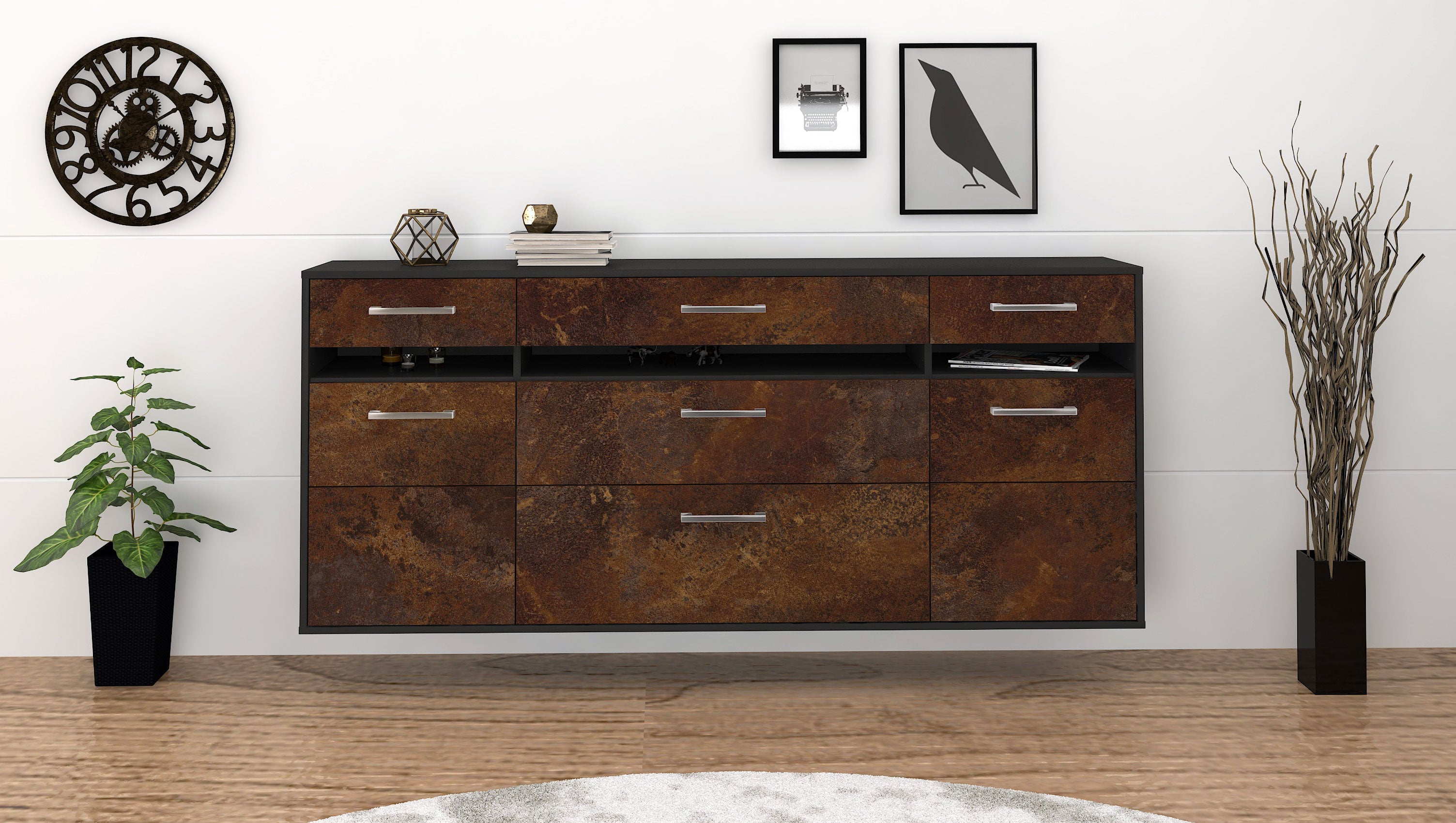 Sideboard - Giada - Design Industrie Stil - Wandmontage mit Griffe 180 cm Anthrazit