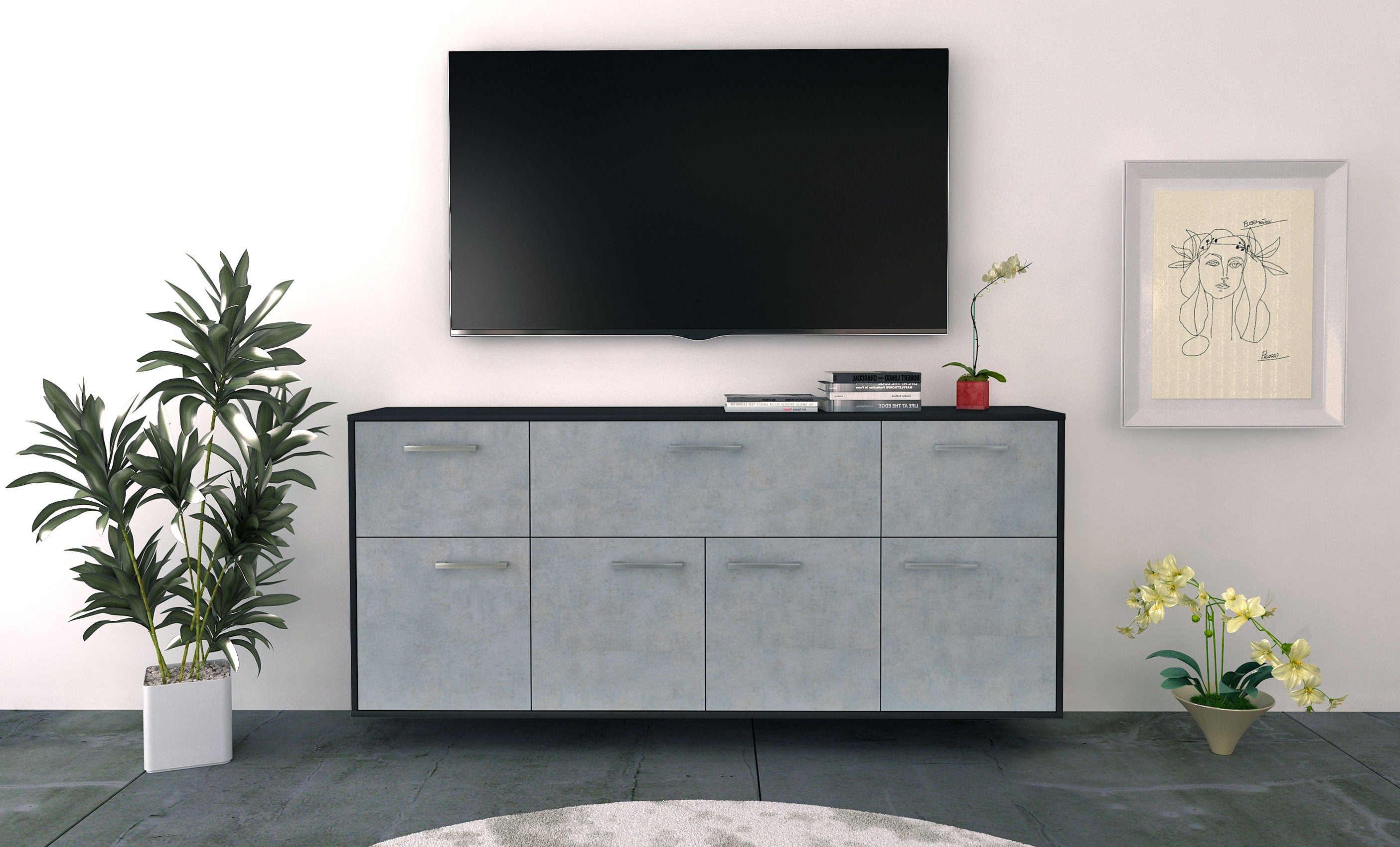 Sideboard - Gianna - Design Industrie Stil - Wandmontage mit Griffe 180 cm Anthrazit