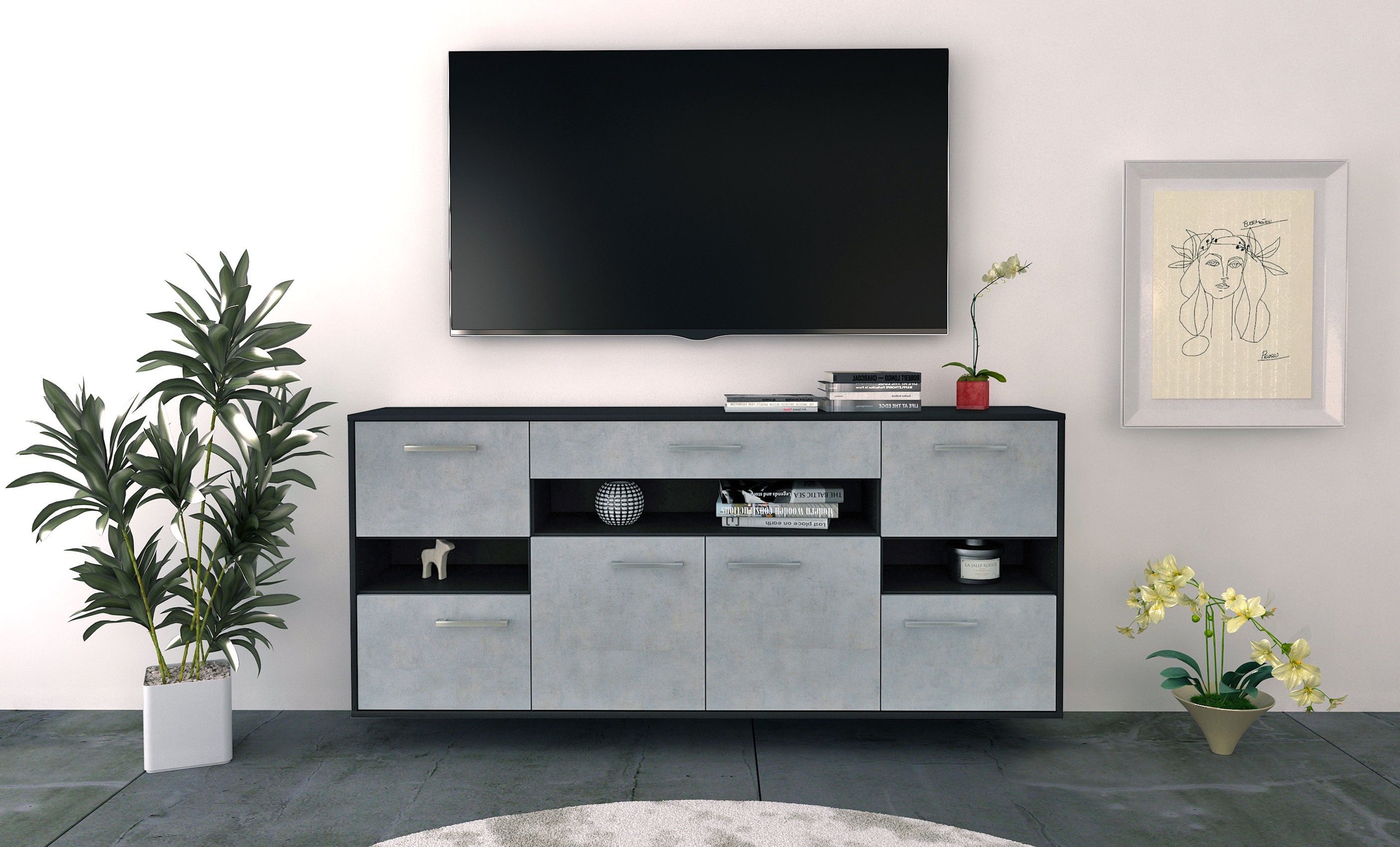 Sideboard - Ginevra - Design Industrie Stil - Wandmontage mit Griffe 180 cm Anthrazit