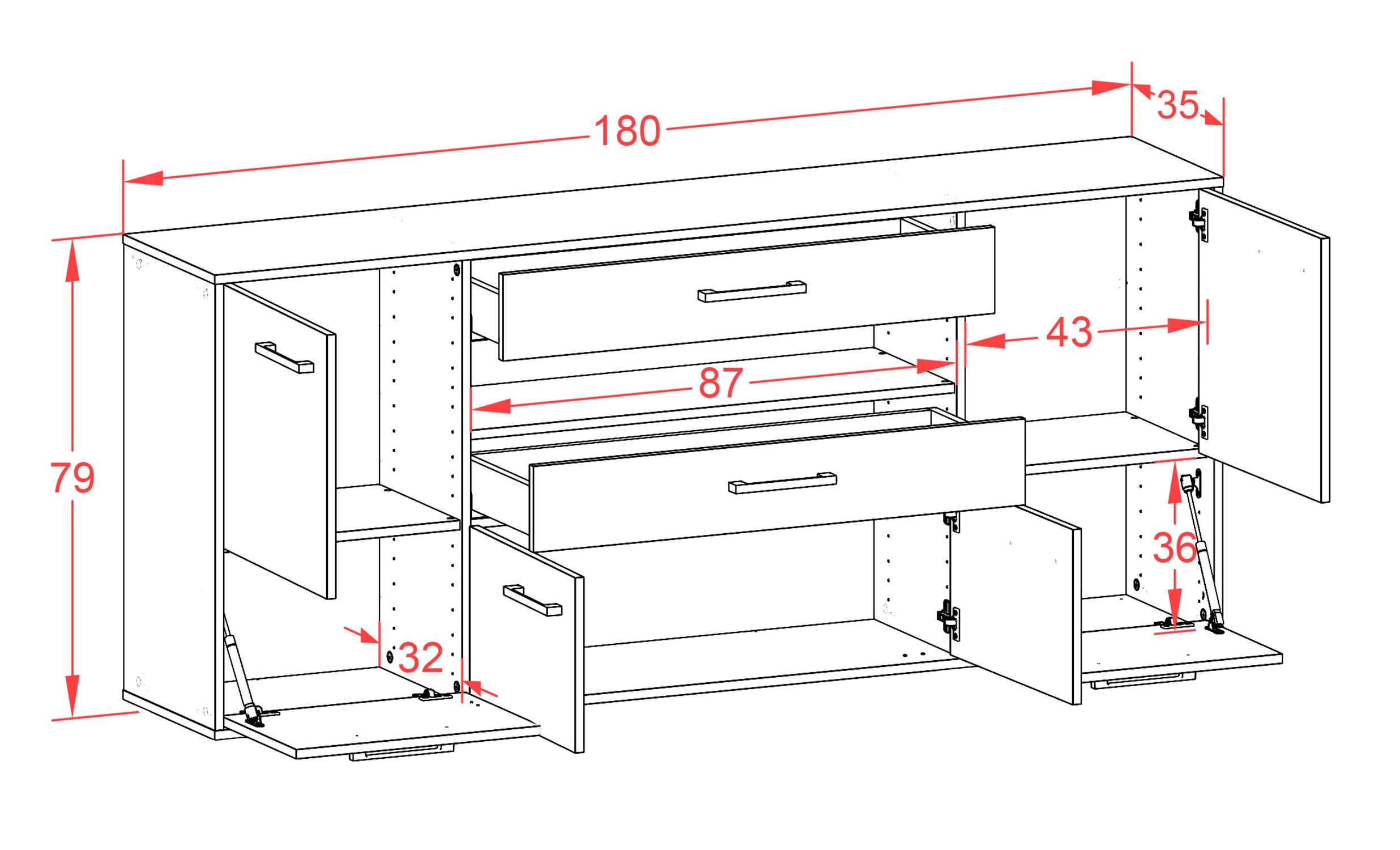 Sideboard - Emely - Design Holzdekor - Wandmontage mit Griffe 180 cm Weiss