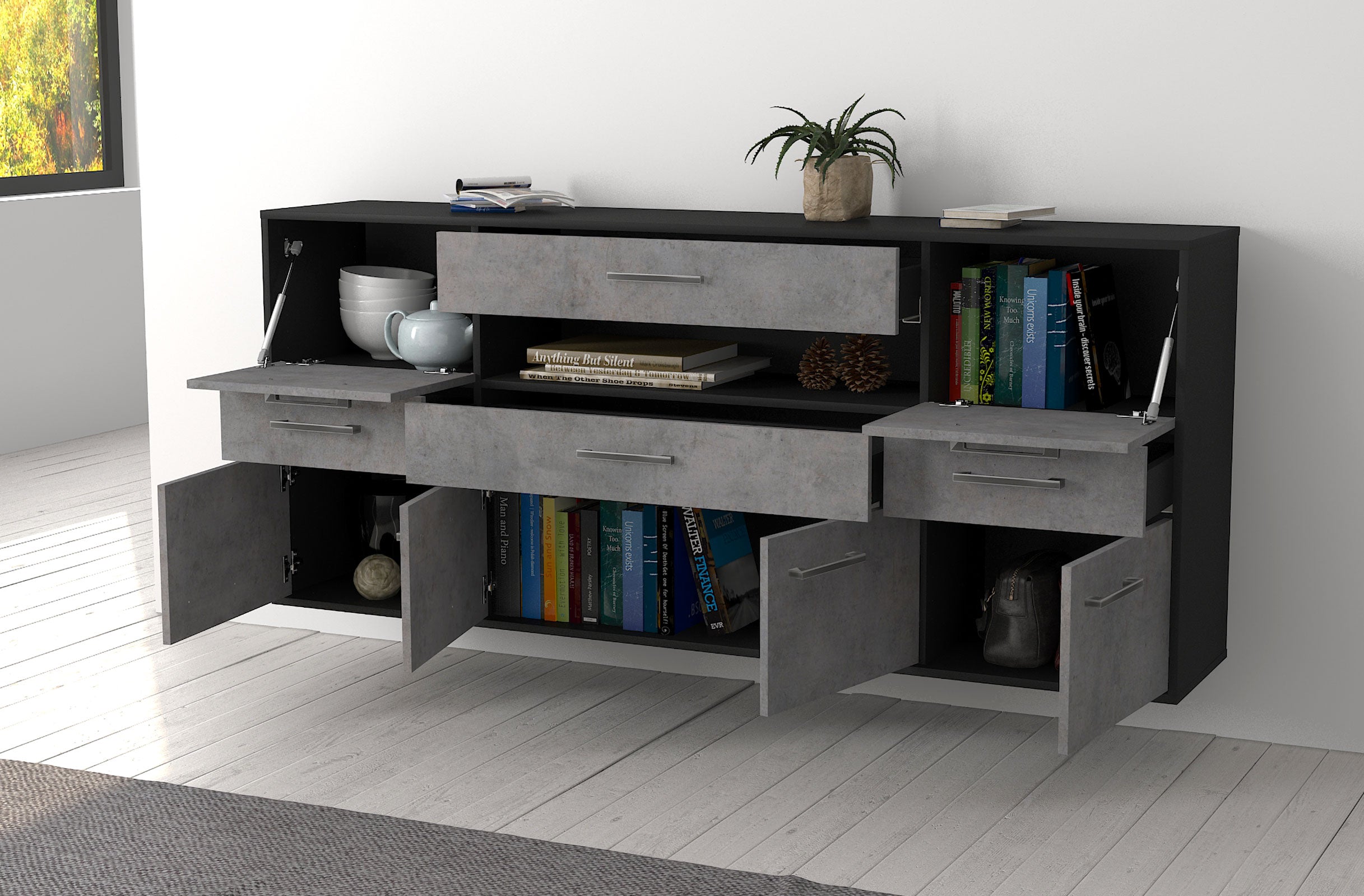 Sideboard - Emerelda - Design Industrie Stil - Wandmontage mit Griffe 180 cm Anthrazit