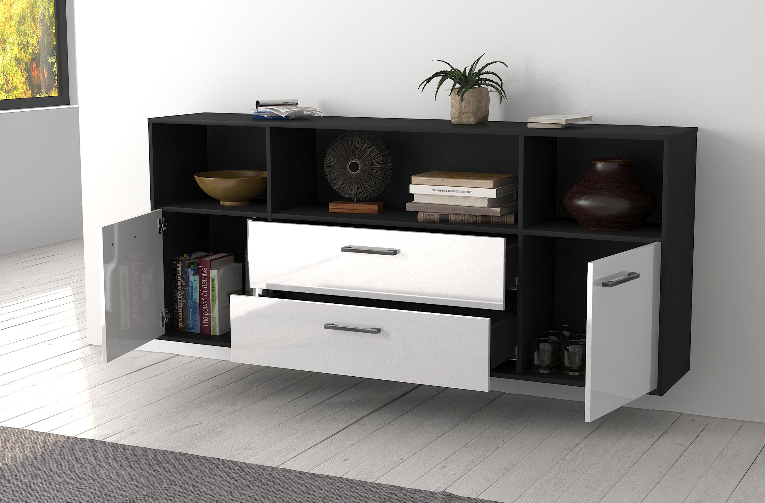 Sideboard - Enza - Design Hochglanz - Wandmontage mit Griffe 180 cm Anthrazit
