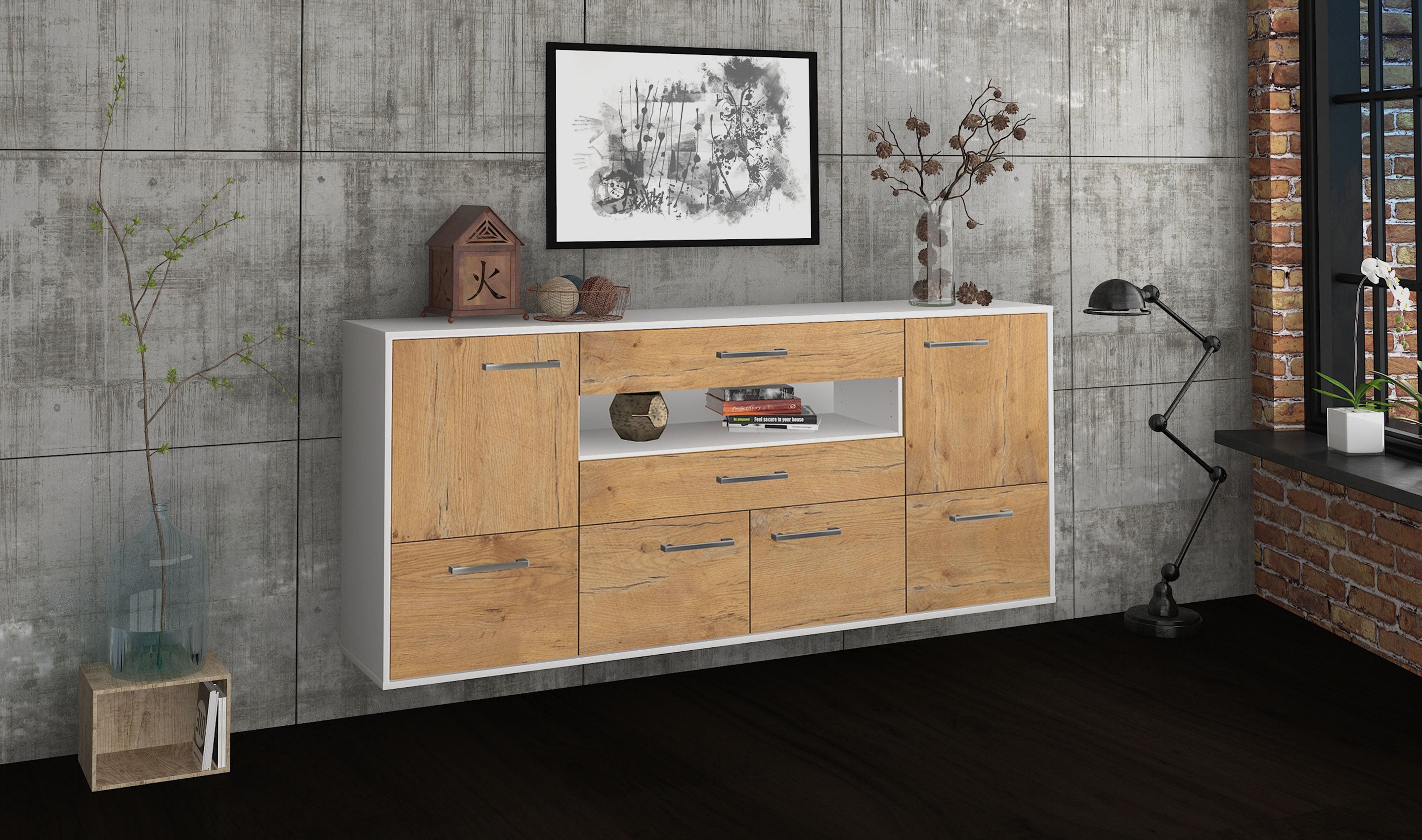 Sideboard - Emely - Design Holzdekor - Wandmontage mit Griffe 180 cm Weiss