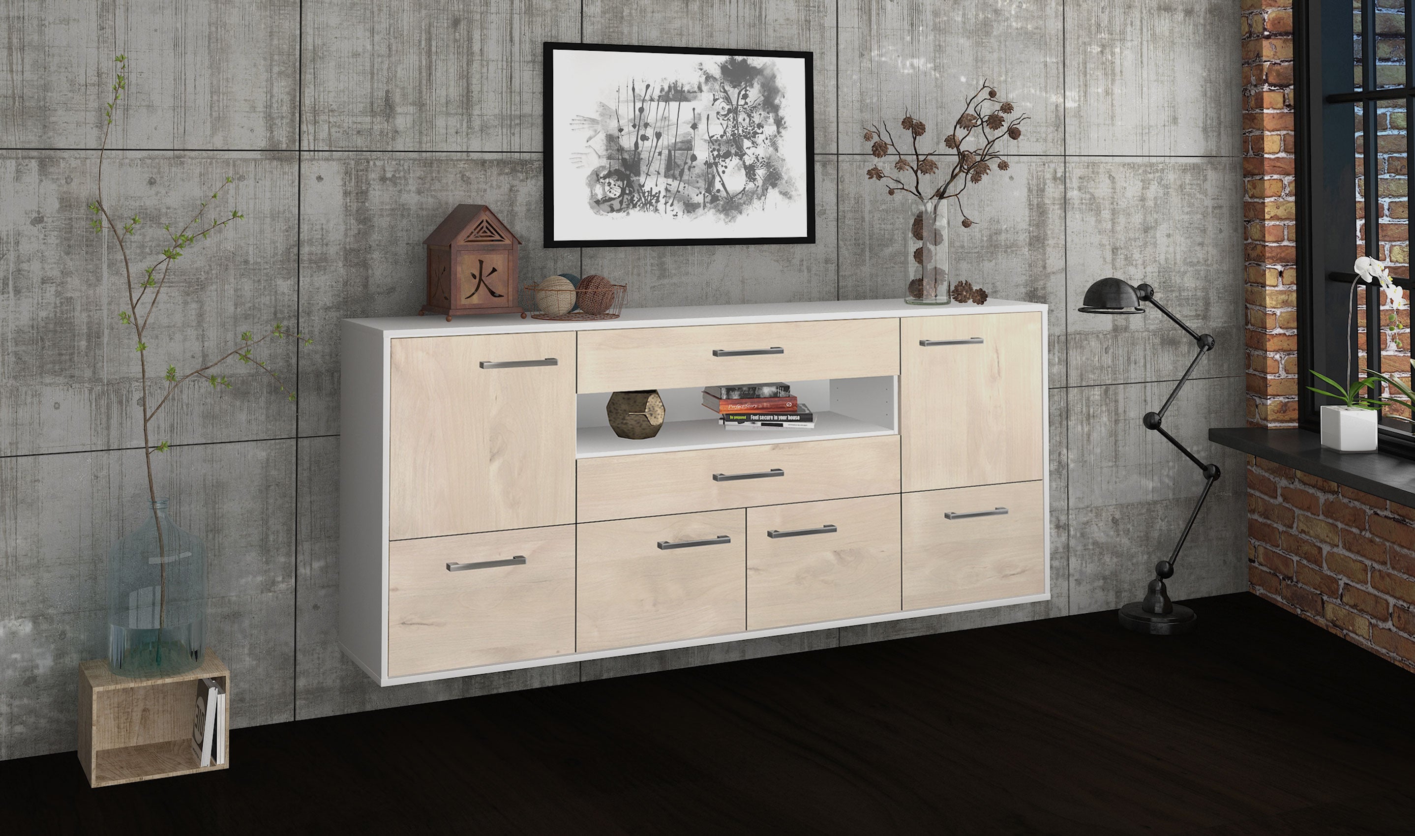 Sideboard - Emely - Design Holzdekor - Wandmontage mit Griffe 180 cm Weiss