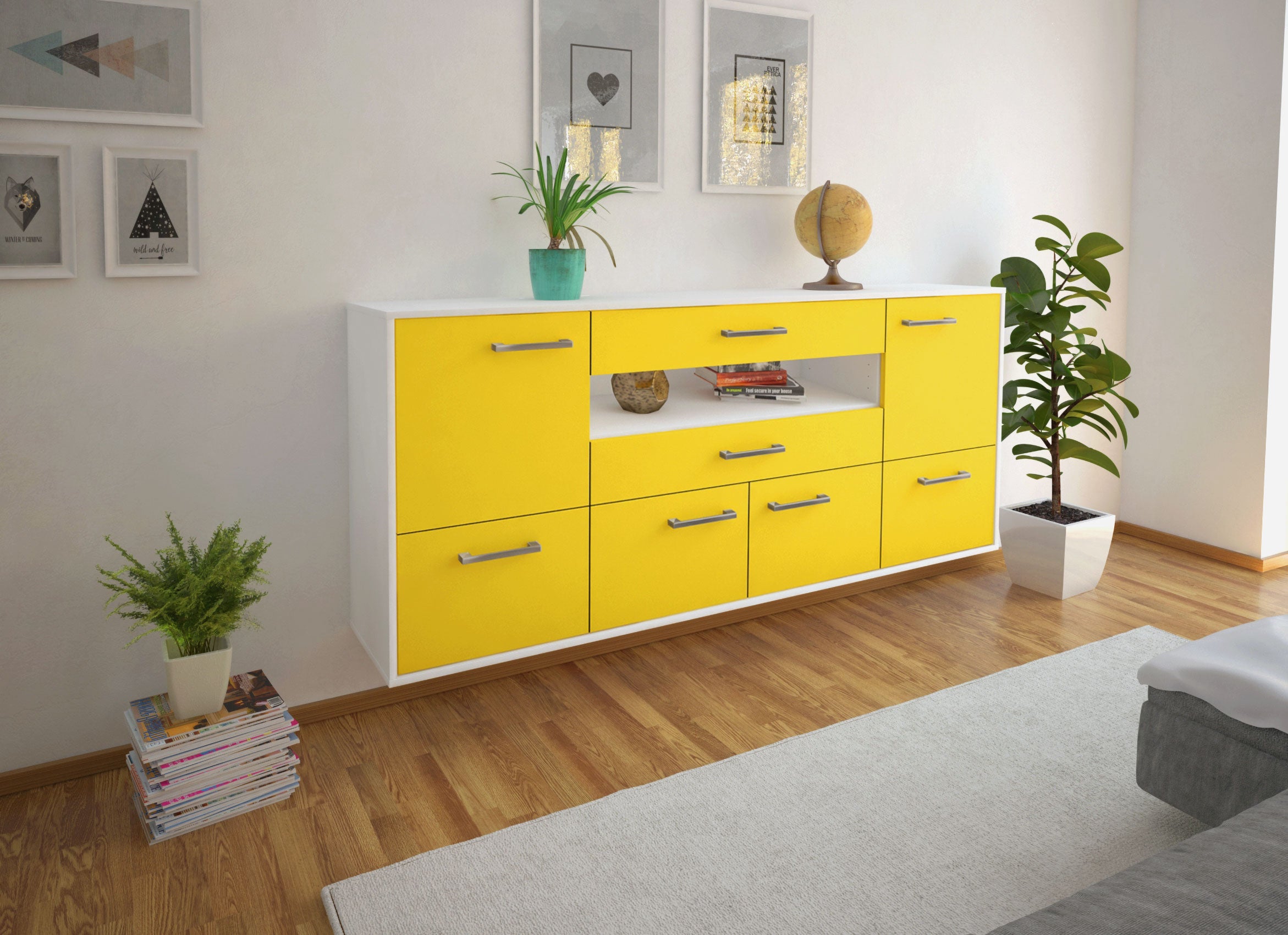 Sideboard - Emely - Design Farbakzent - Wandmontage mit Griffe 180 cm Weiss