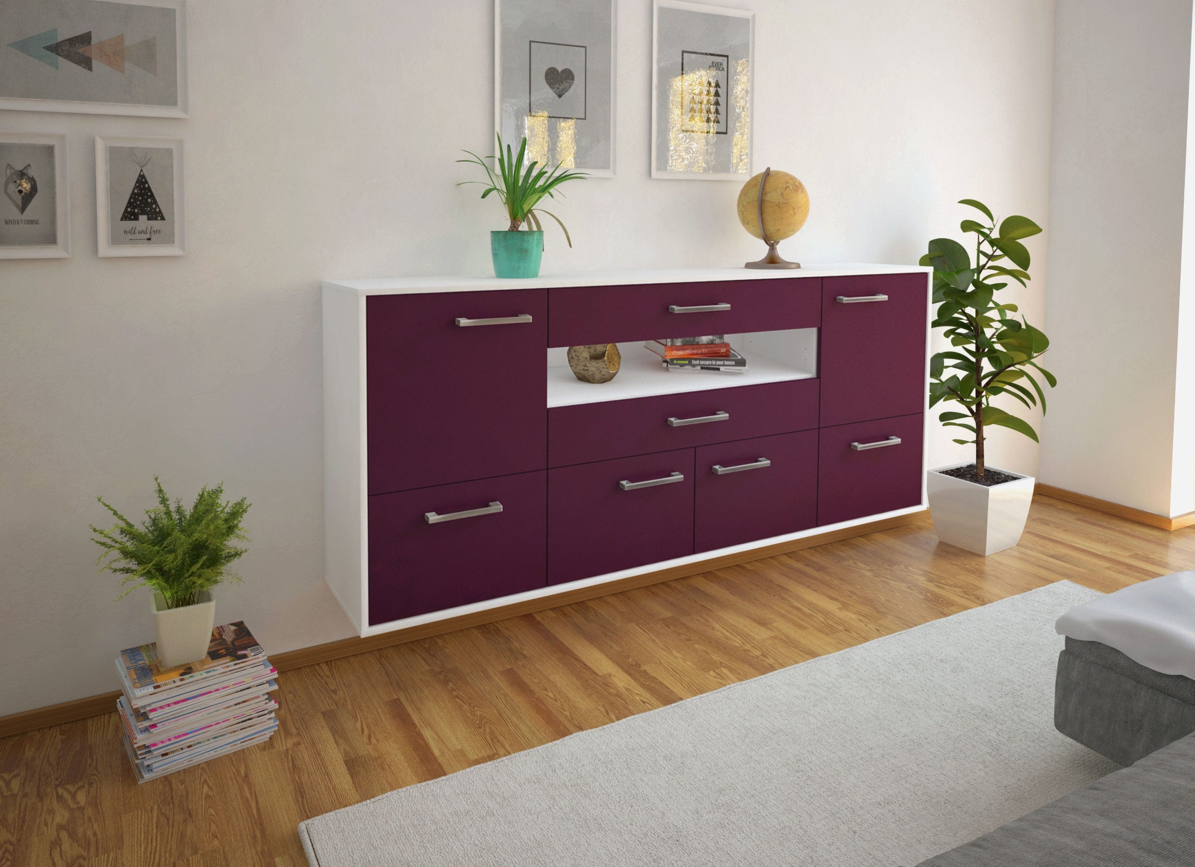 Sideboard - Emely - Design Farbakzent - Wandmontage mit Griffe 180 cm Weiss