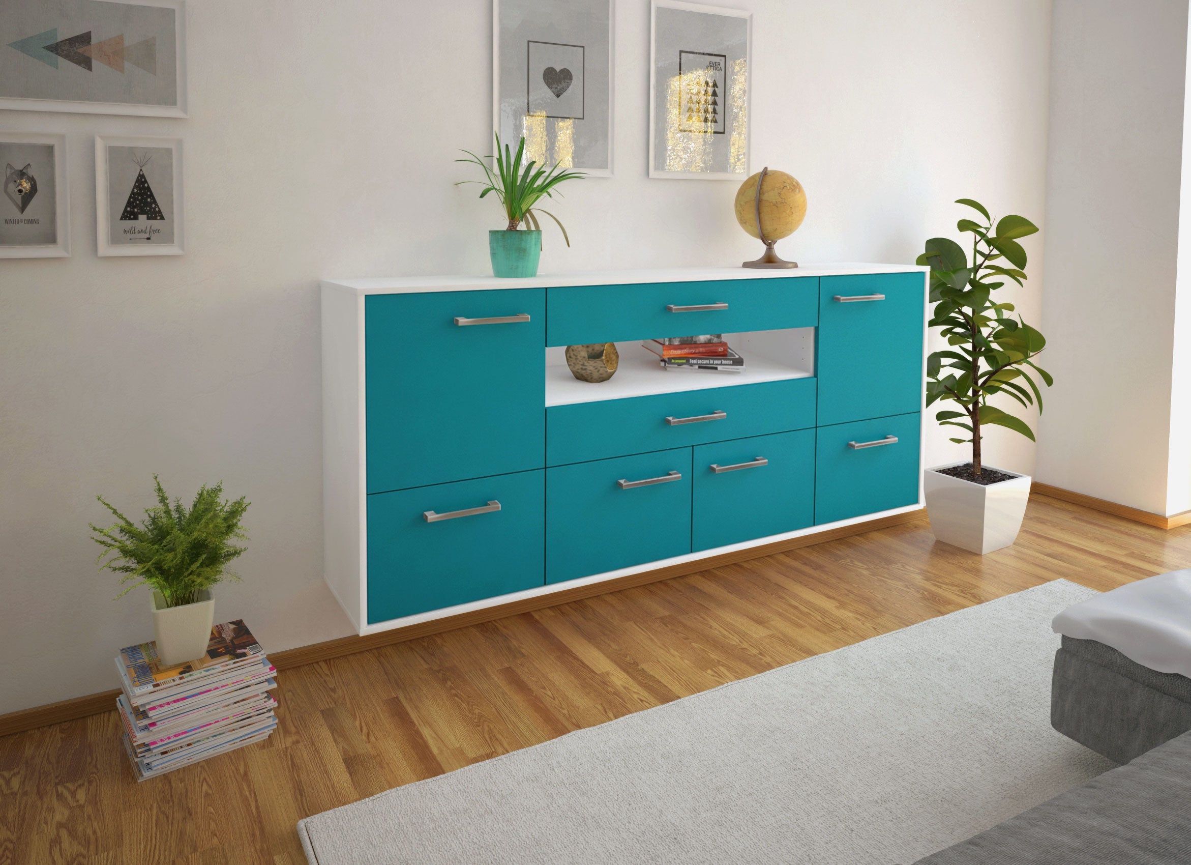 Sideboard - Emely - Design Farbakzent - Wandmontage mit Griffe 180 cm Weiss
