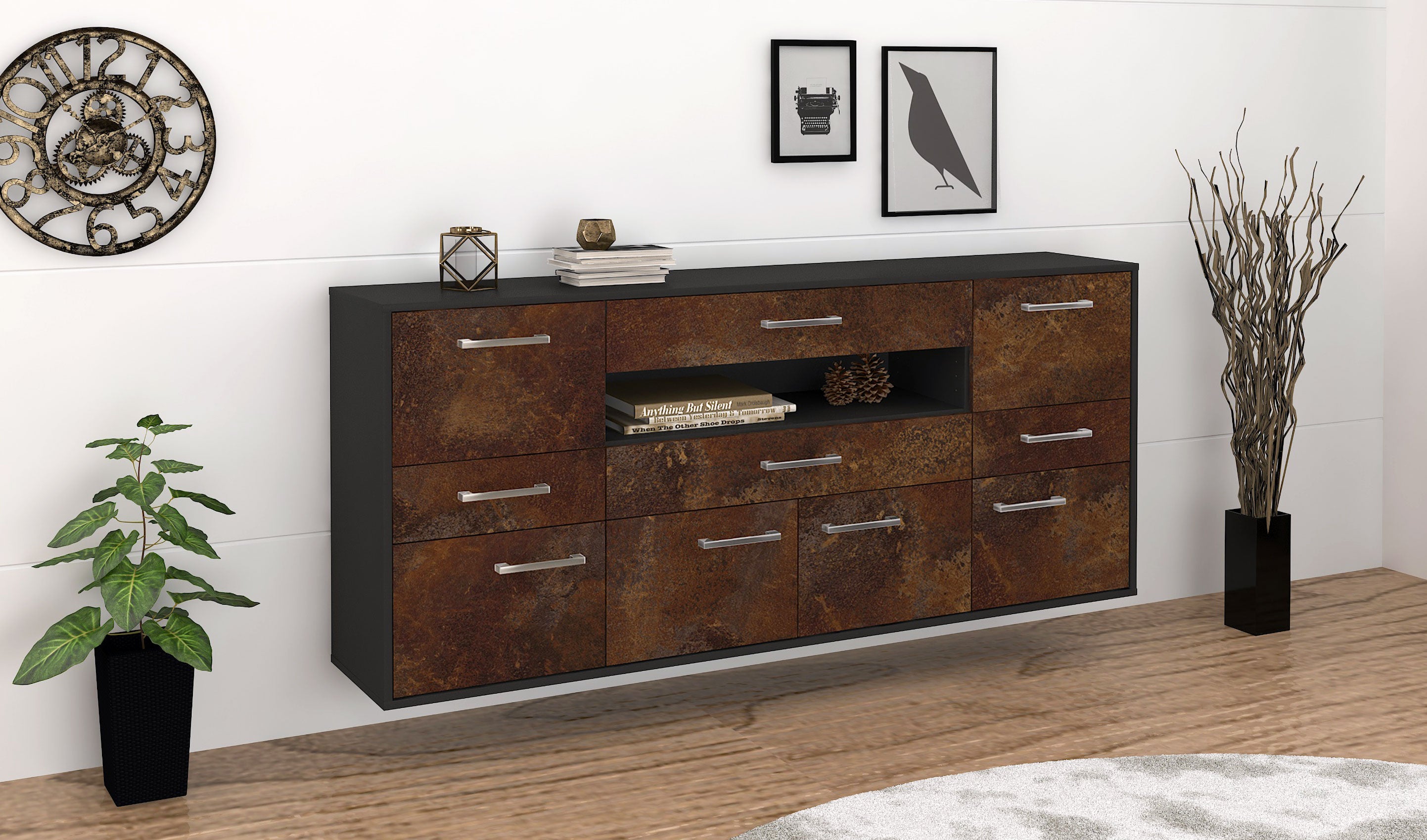 Sideboard - Emerelda - Design Industrie Stil - Wandmontage mit Griffe 180 cm Anthrazit
