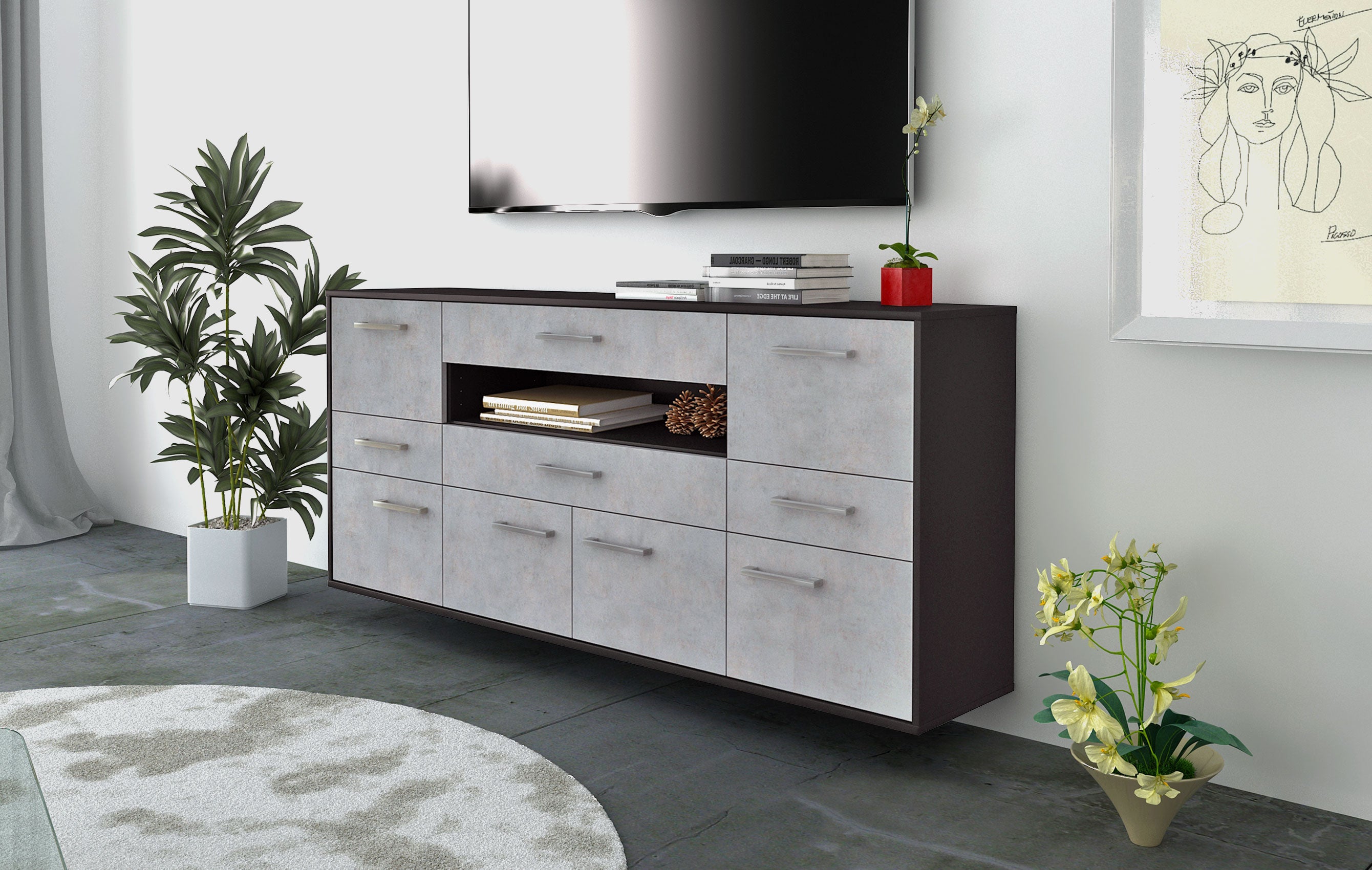 Sideboard - Emerelda - Design Industrie Stil - Wandmontage mit Griffe 180 cm Anthrazit