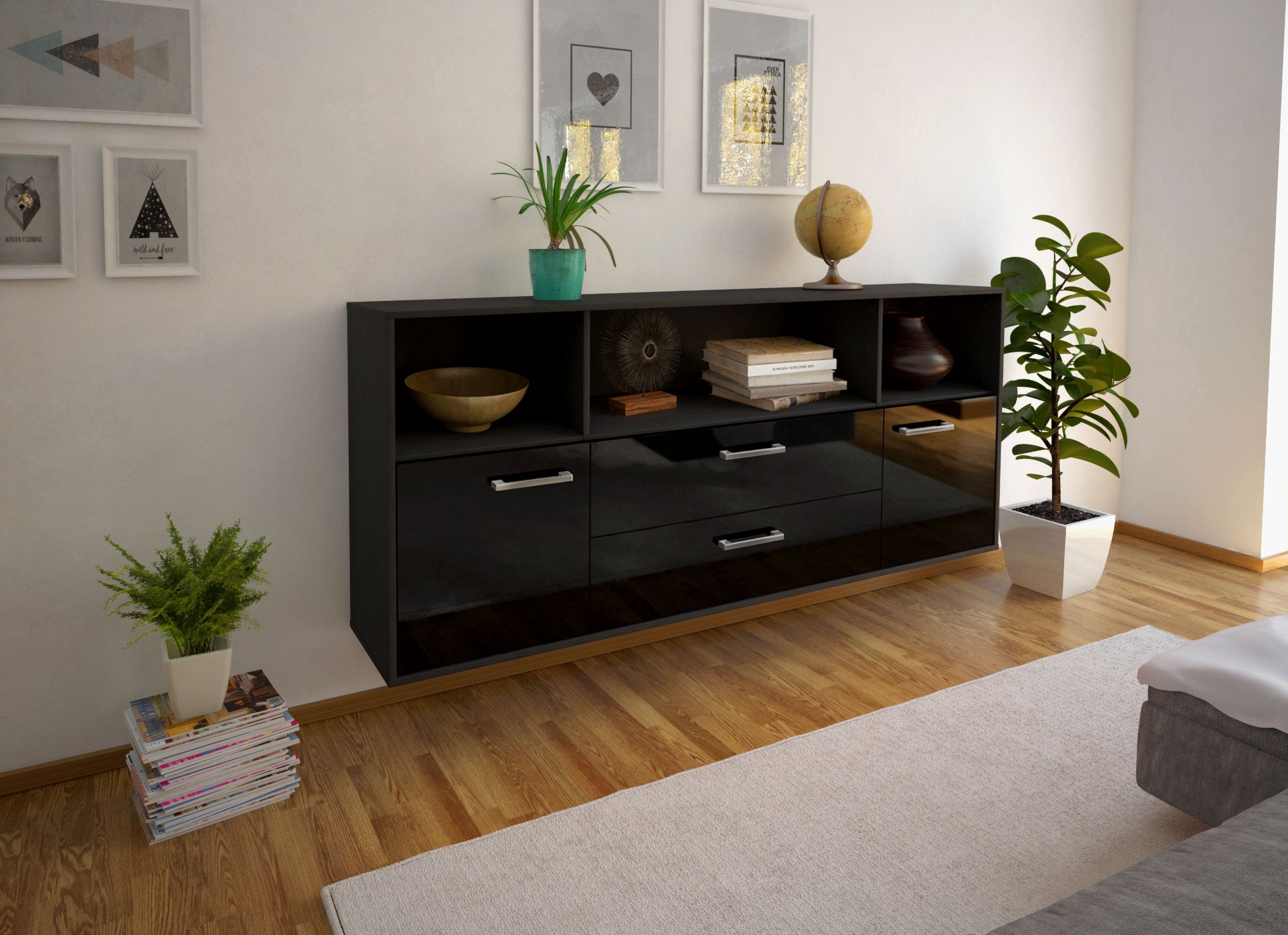 Sideboard - Enza - Design Hochglanz - Wandmontage mit Griffe 180 cm Anthrazit