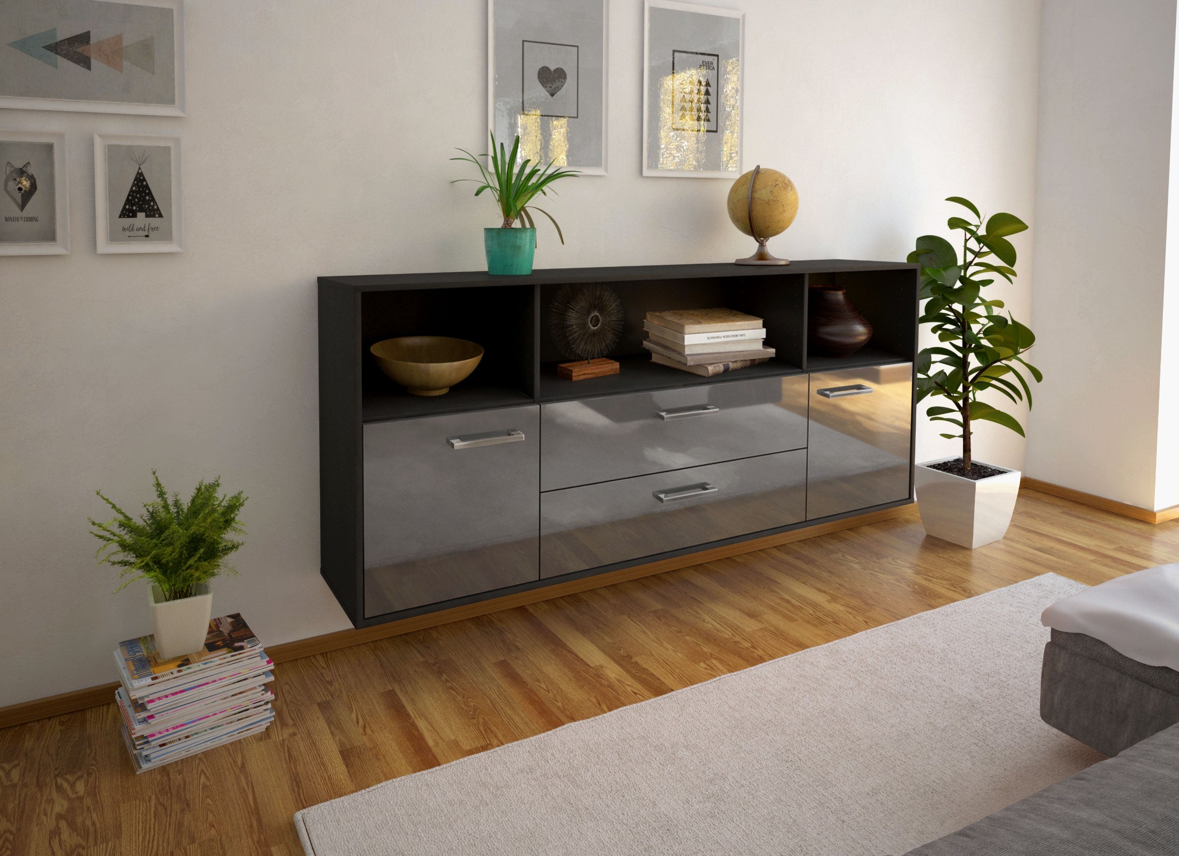 Sideboard - Enza - Design Hochglanz - Wandmontage mit Griffe 180 cm Anthrazit