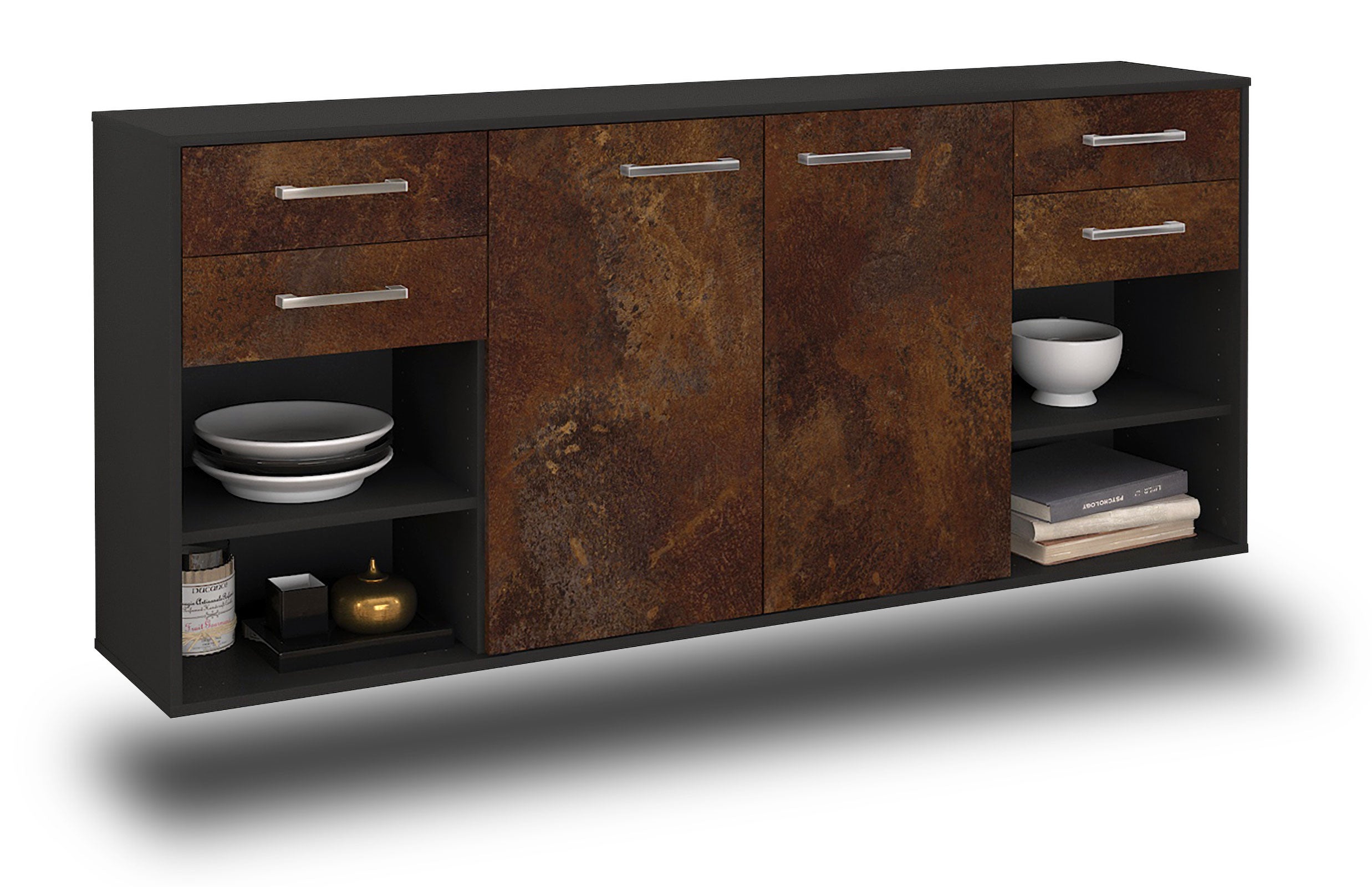 Sideboard - Franka - Design Industrie Stil - Wandmontage mit Griffe 180 cm Anthrazit