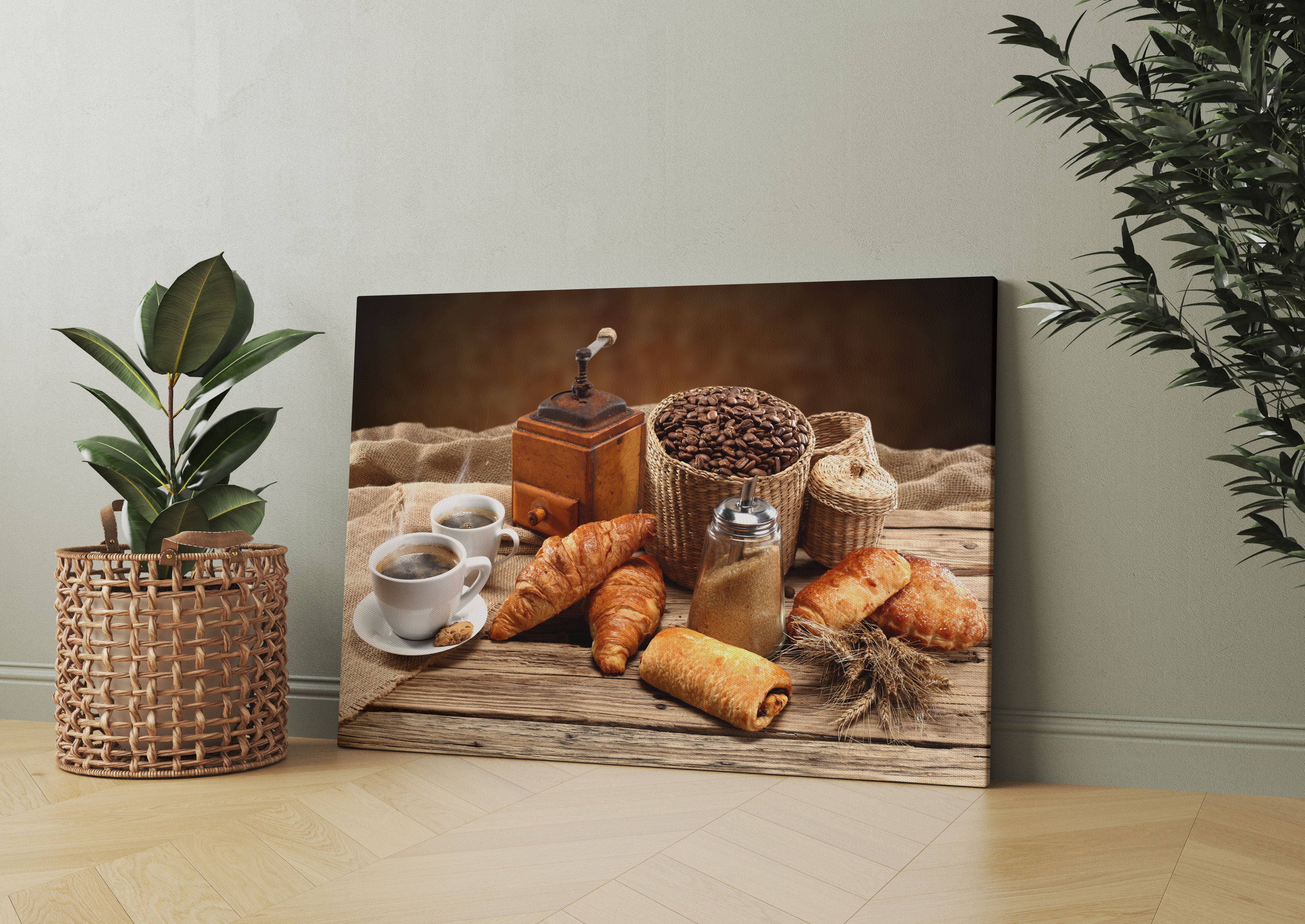 Aromatischer Kaffee mit Croissant Leinwandbild Wohnzimmer