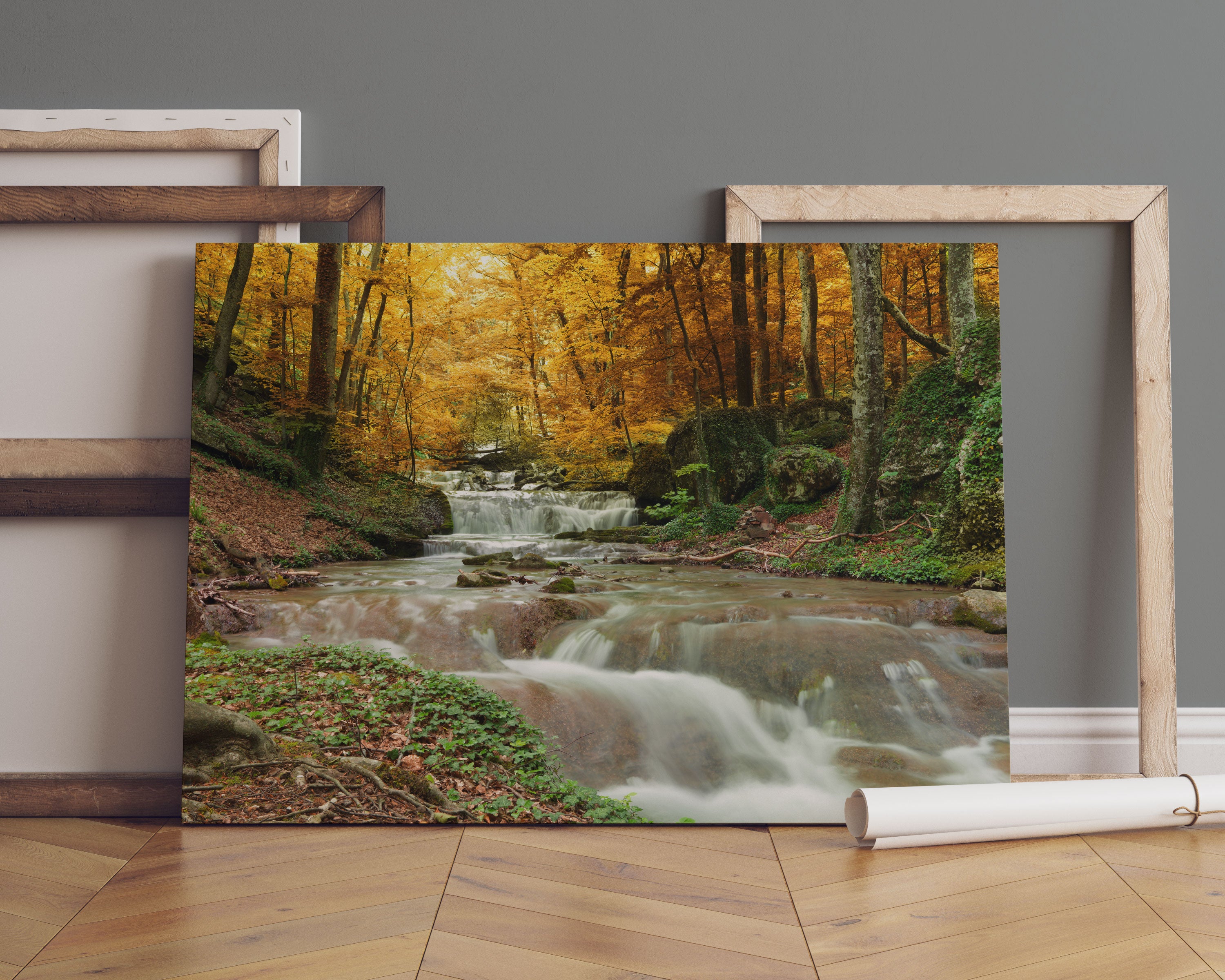 Waldbach im Herbst Leinwandbild Sofa