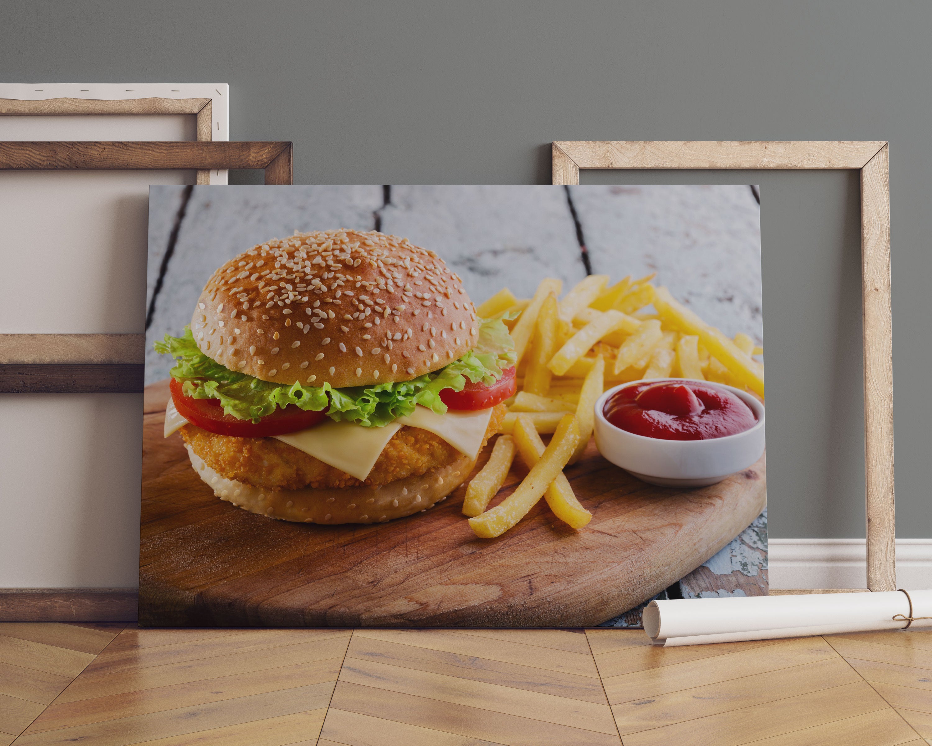 Chickenburger Pommes Leinwandbild Sofa