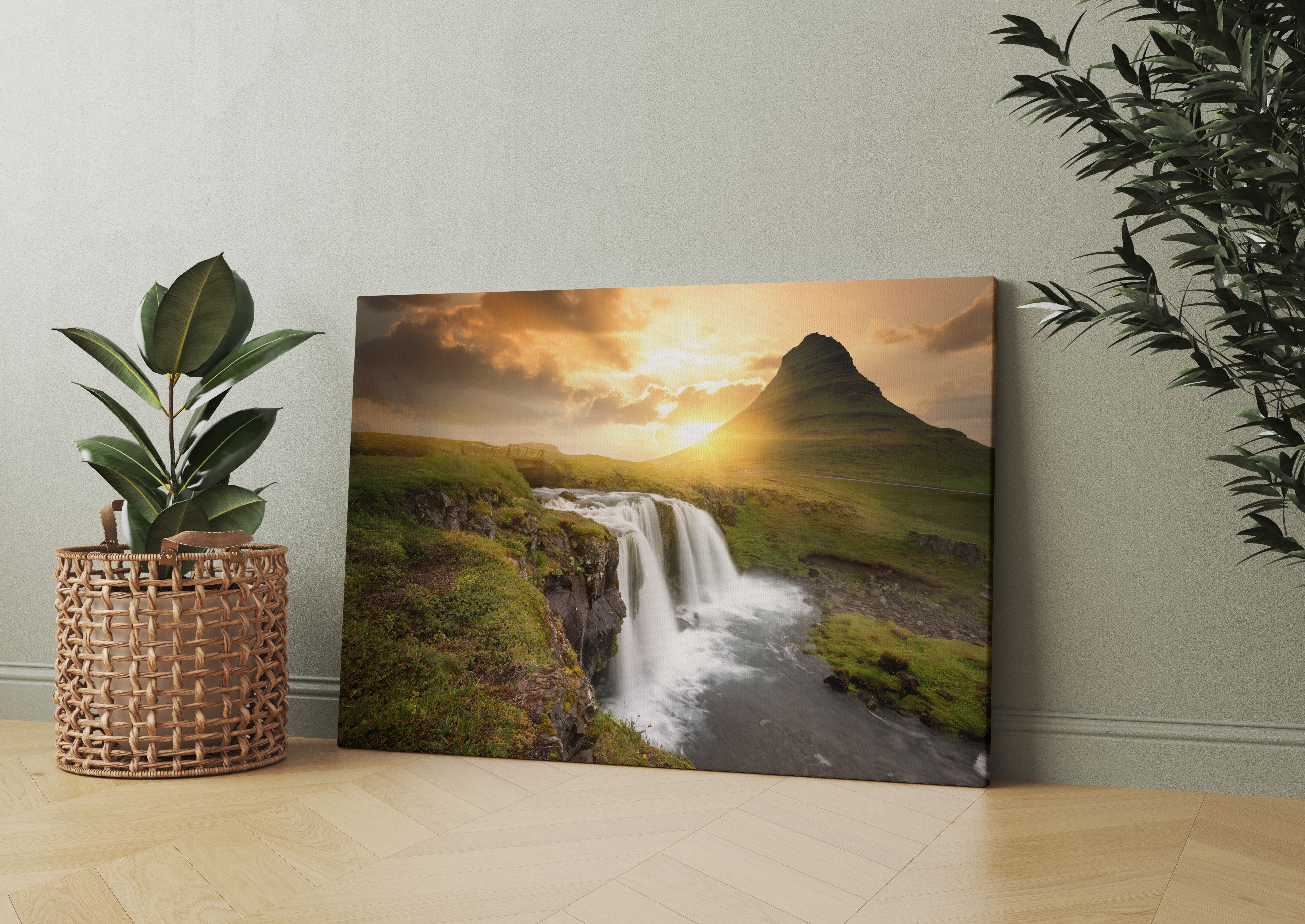 Wasserfall bei Sonnenuntergang Leinwandbild Wohnzimmer