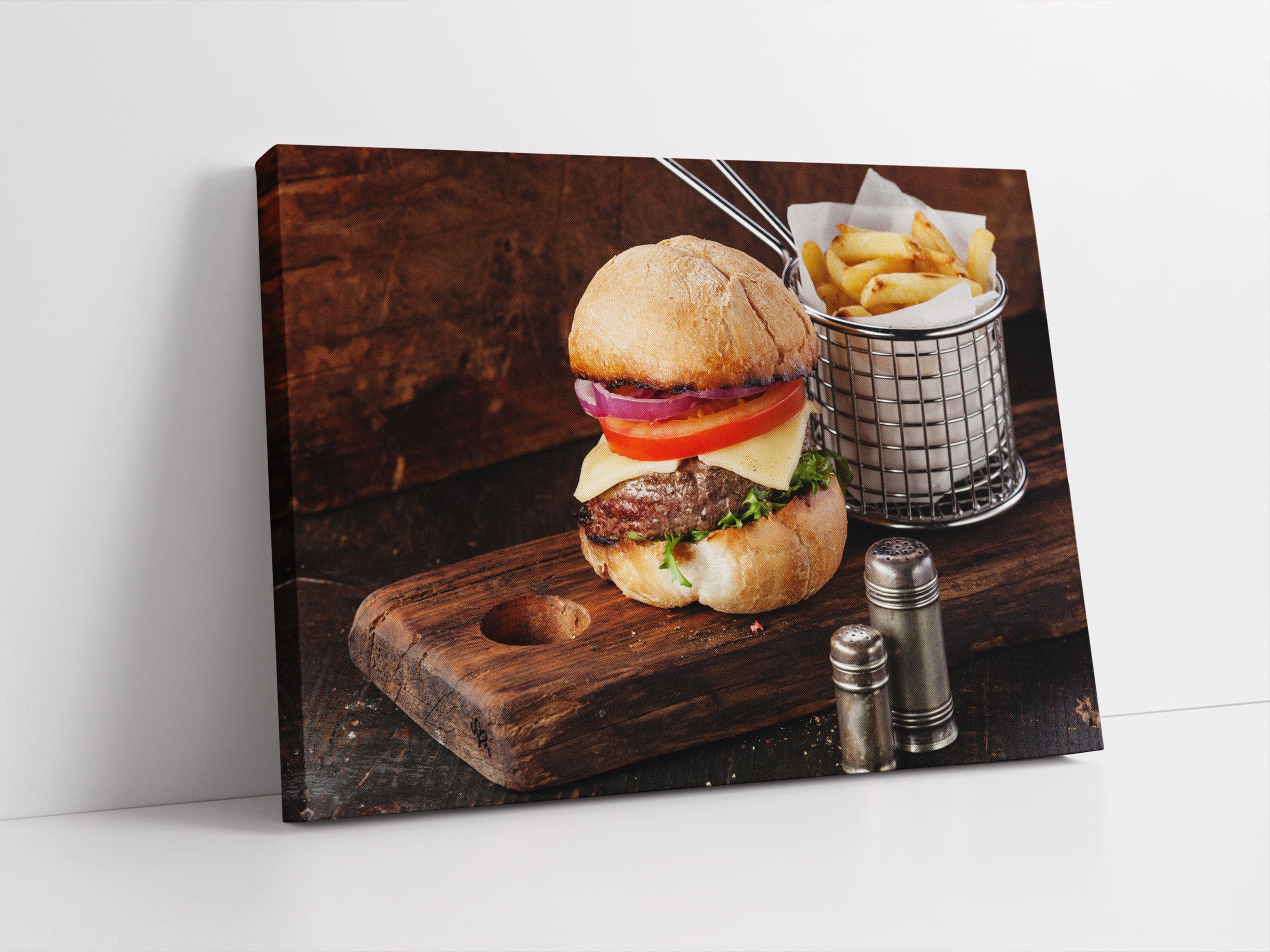 Cheesburger mit Pommes Leinwandbild Studio