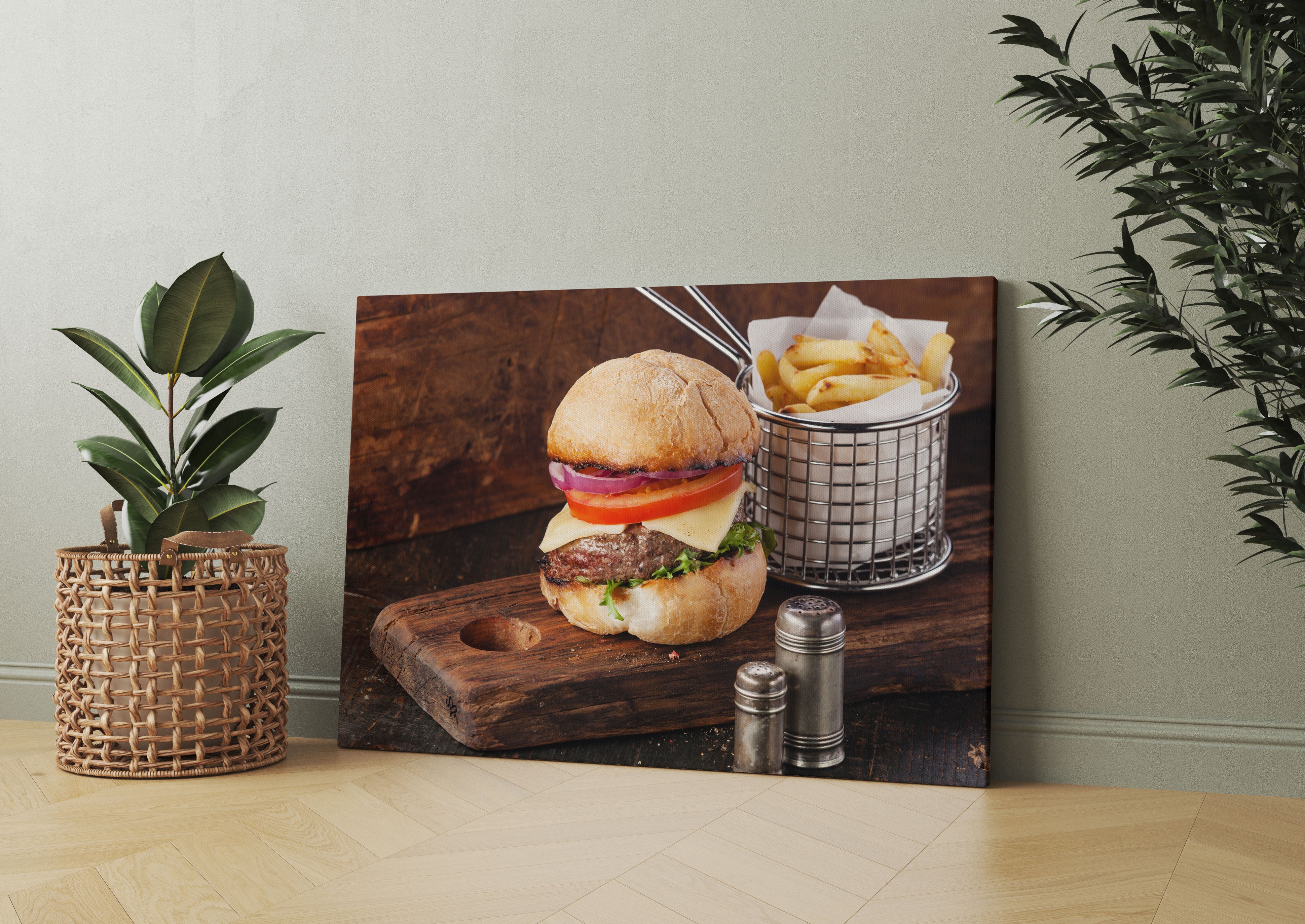 Cheesburger mit Pommes Leinwandbild Wohnzimmer