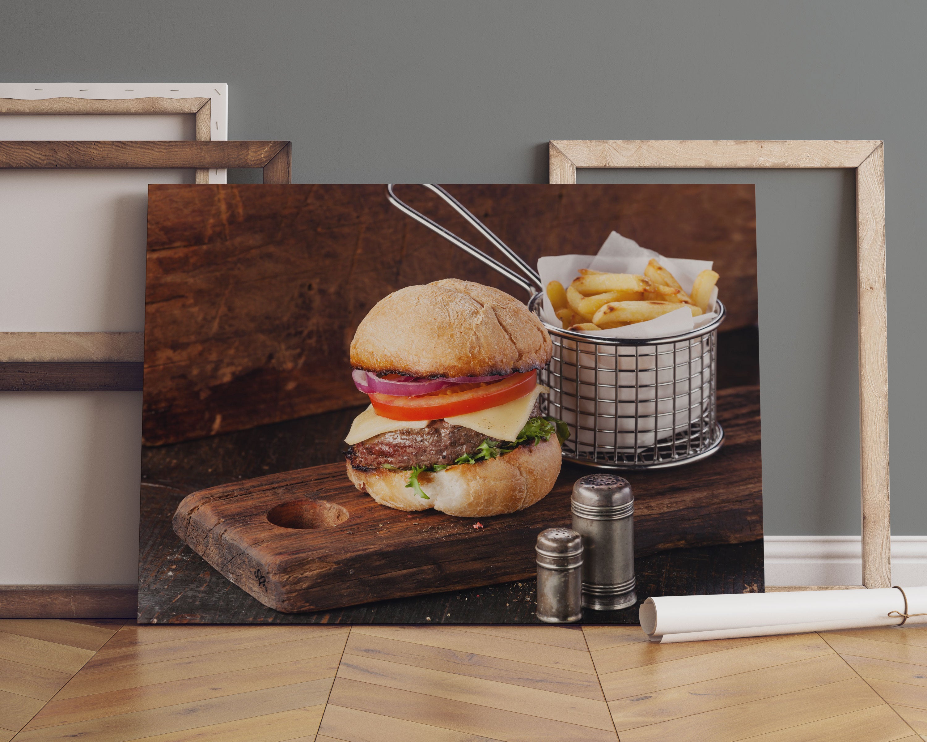 Cheesburger mit Pommes Leinwandbild Sofa