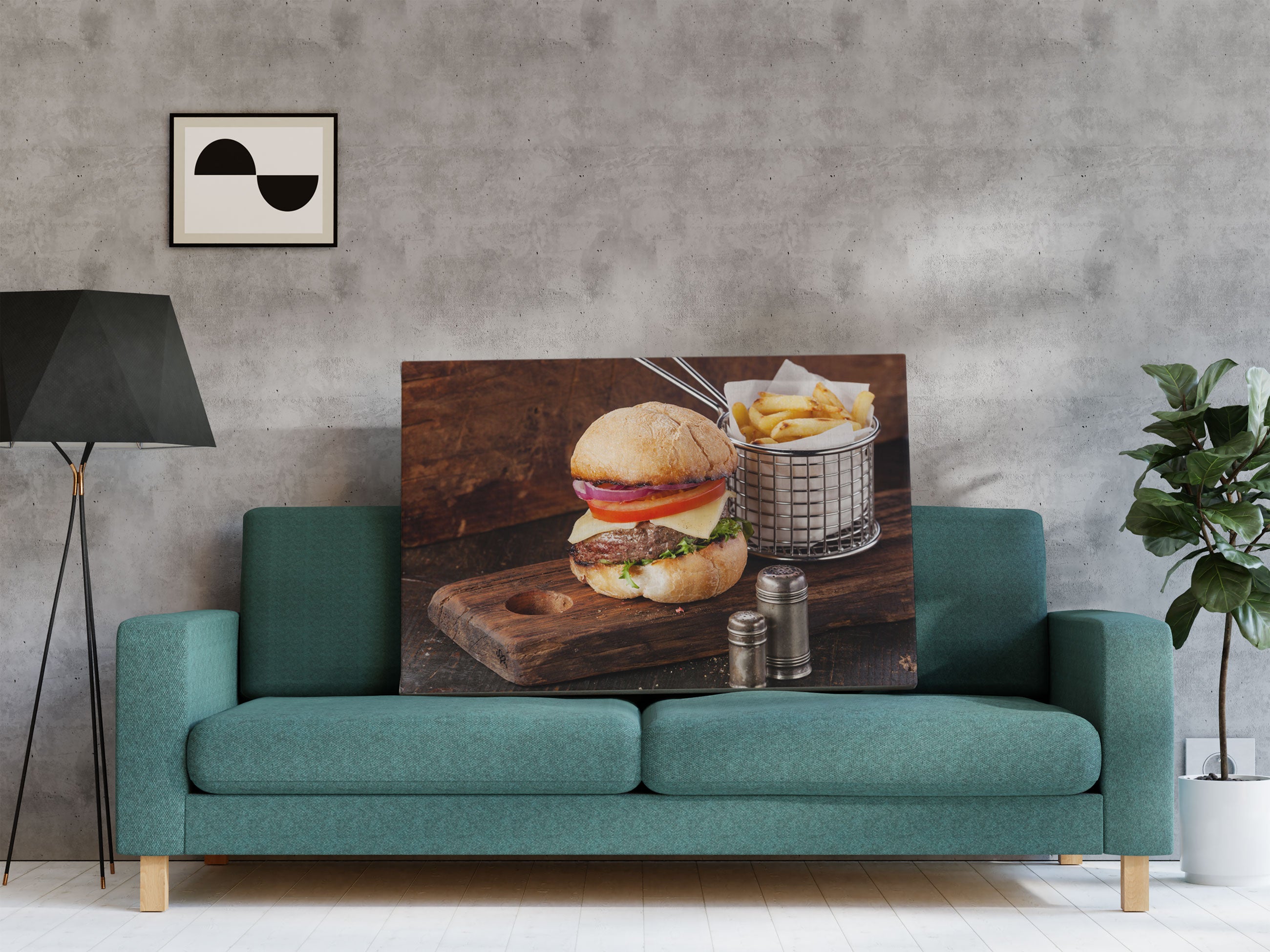 Cheesburger mit Pommes Leinwandbild Regal