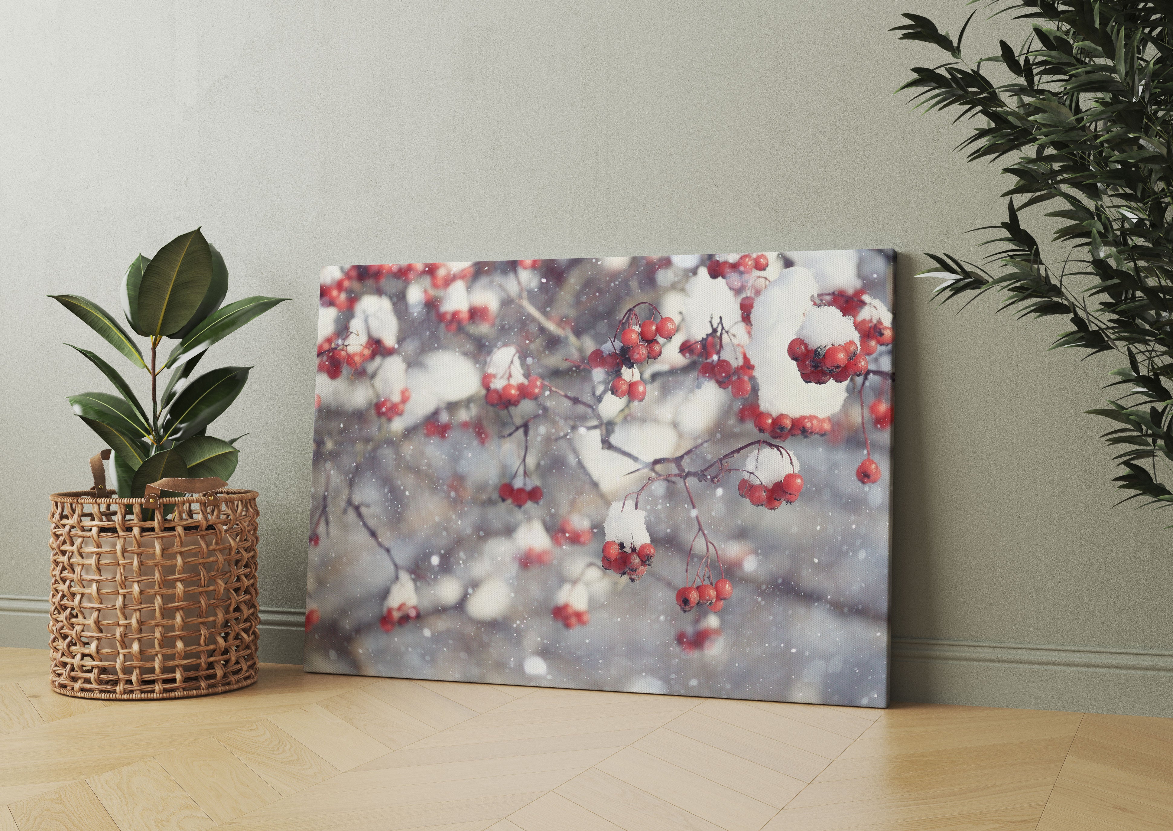 Vogelbeeren mit Schnee bedeckt Leinwandbild Wohnzimmer