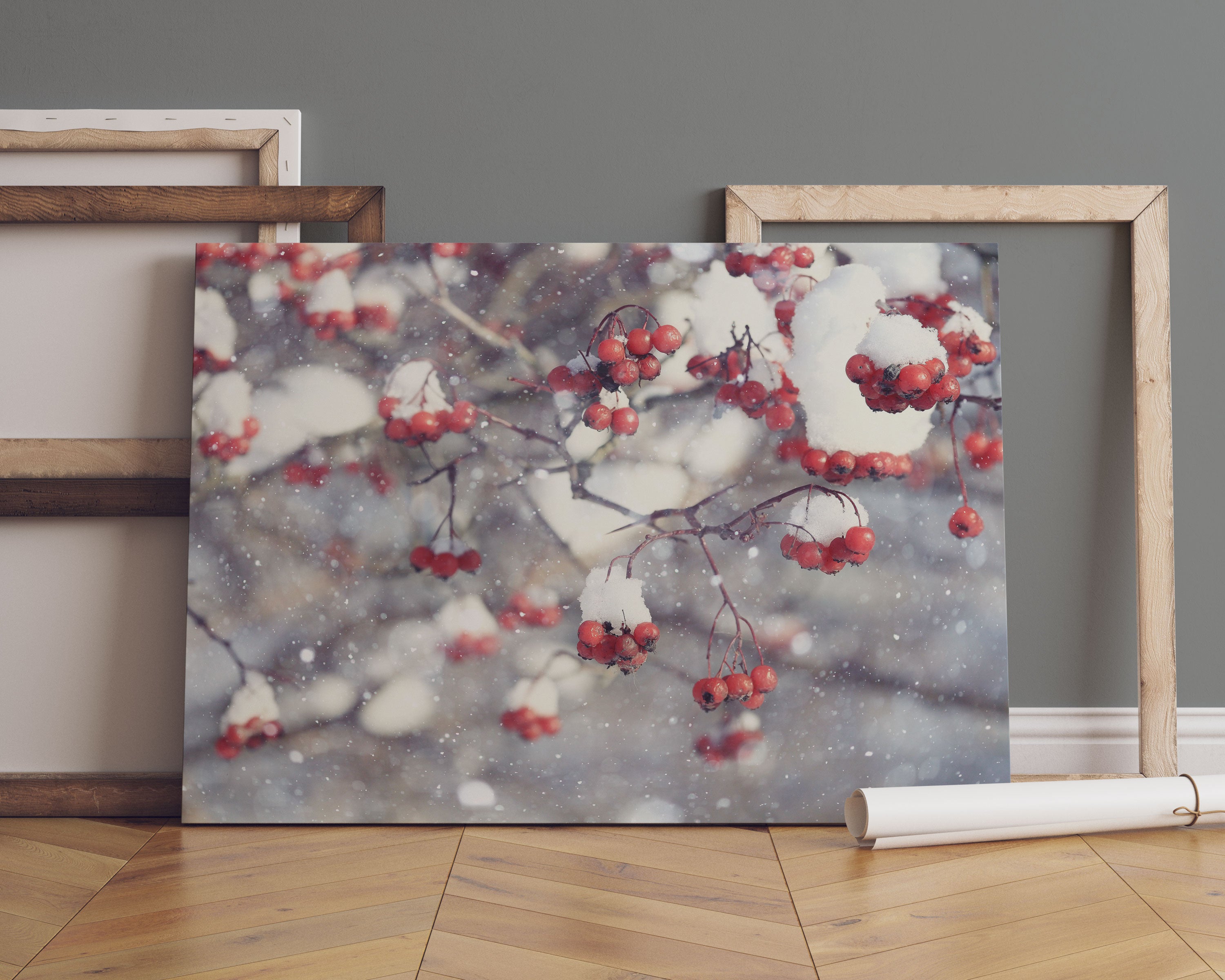 Vogelbeeren mit Schnee bedeckt Leinwandbild Sofa