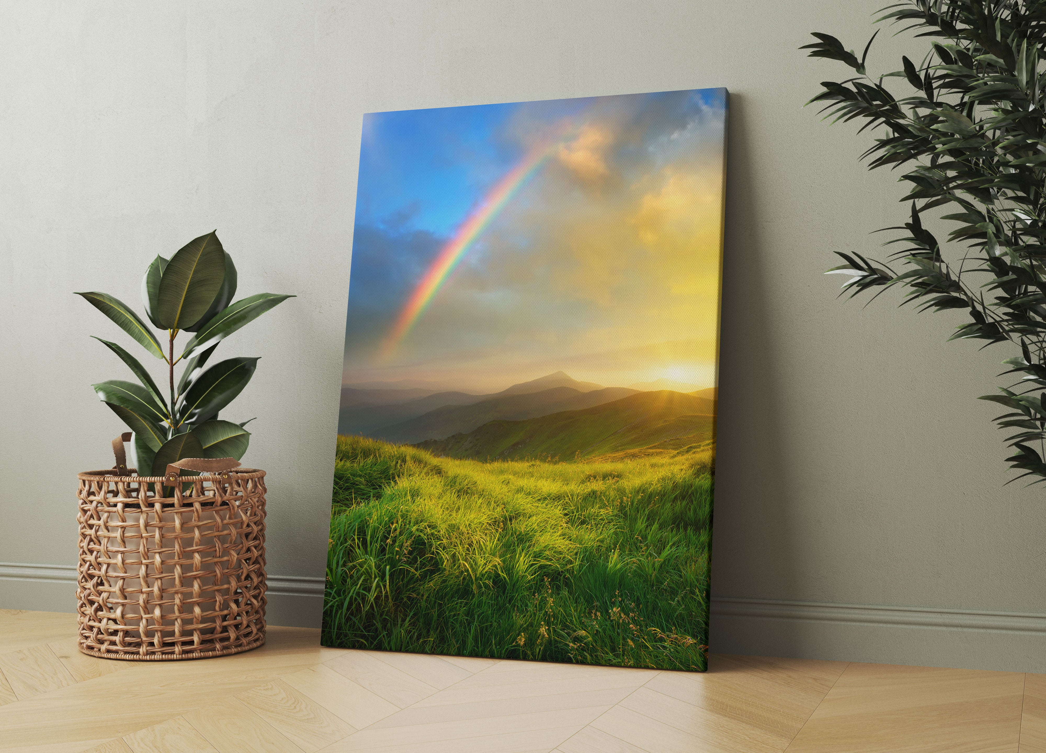 Berge mit Regenbogen am Himmel Leinwandbild Wohnzimmer