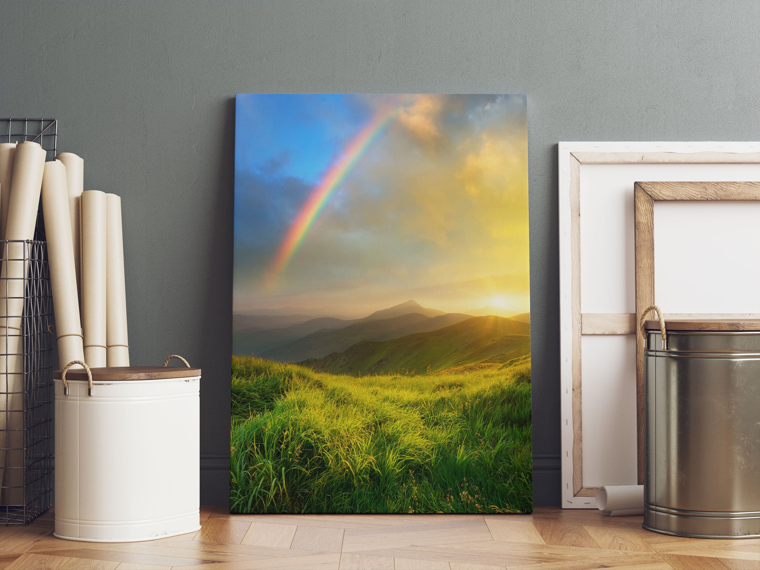 Berge mit Regenbogen am Himmel Leinwandbild Sofa