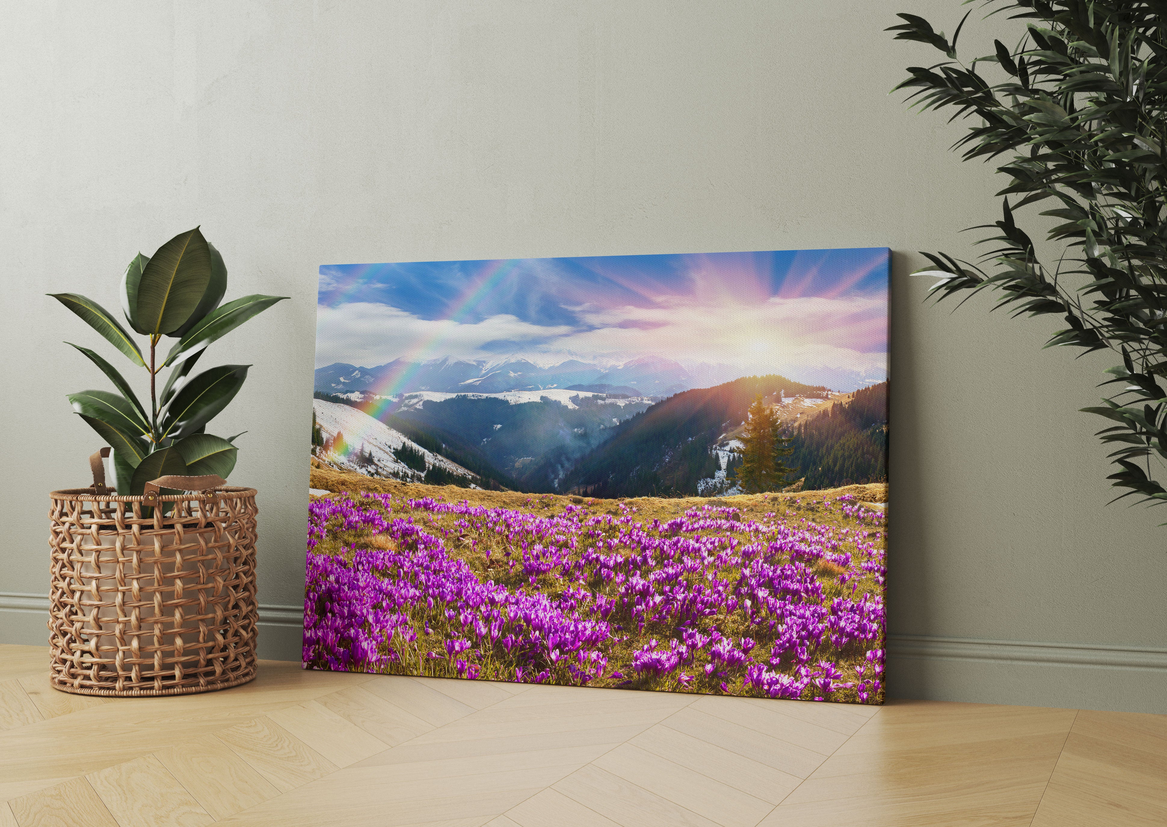 Berge mit Regenbogen Leinwandbild Wohnzimmer