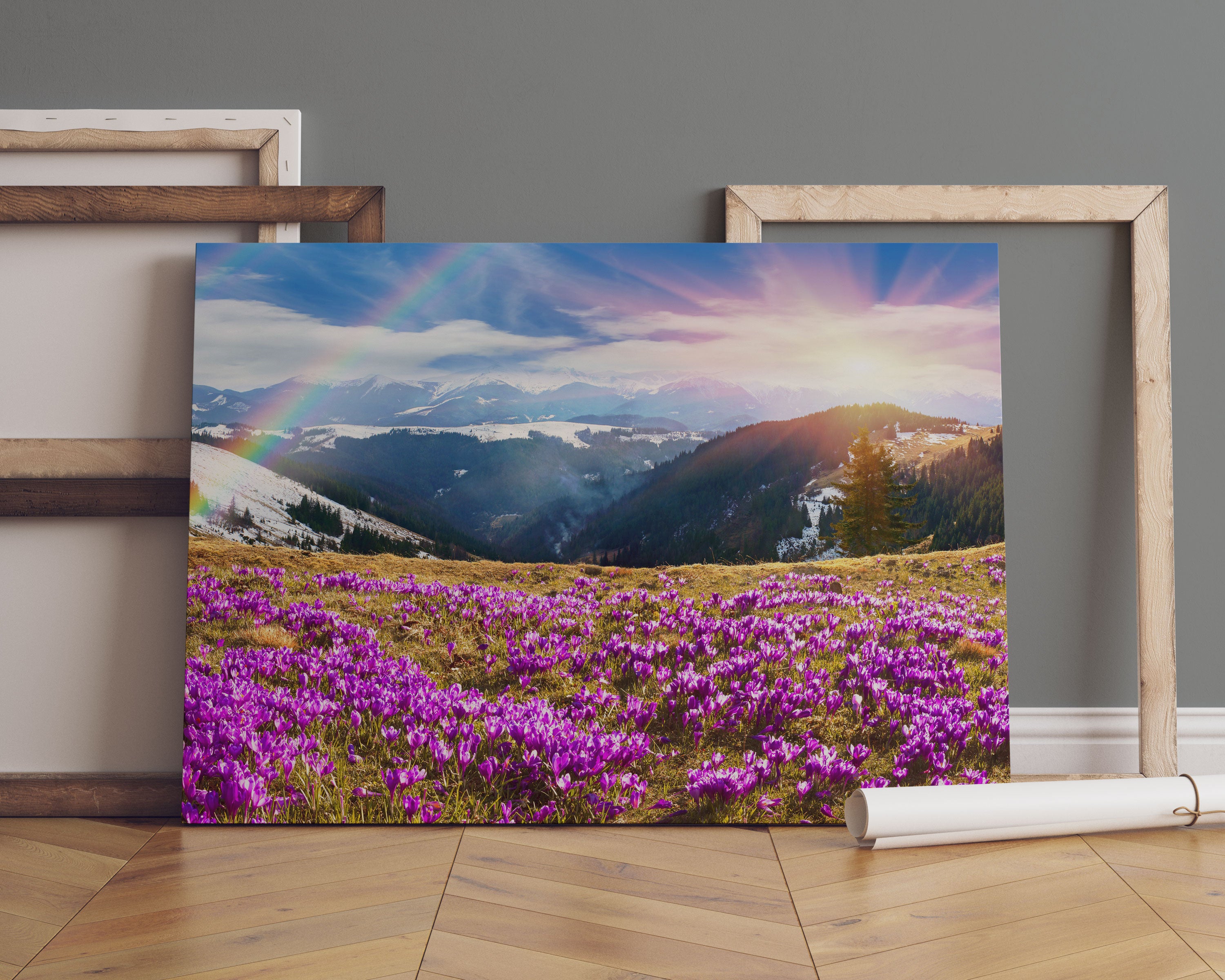 Berge mit Regenbogen Leinwandbild Sofa