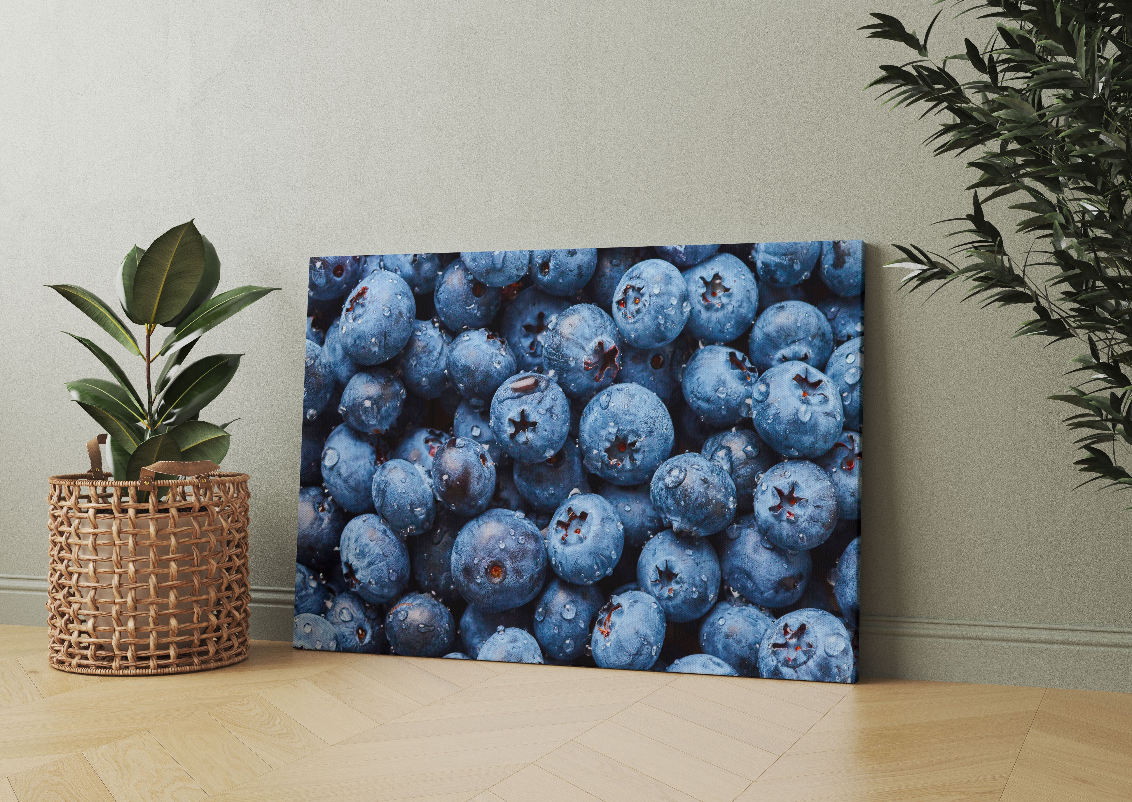 Blaubeeren mit Wassertropfen Leinwandbild Wohnzimmer