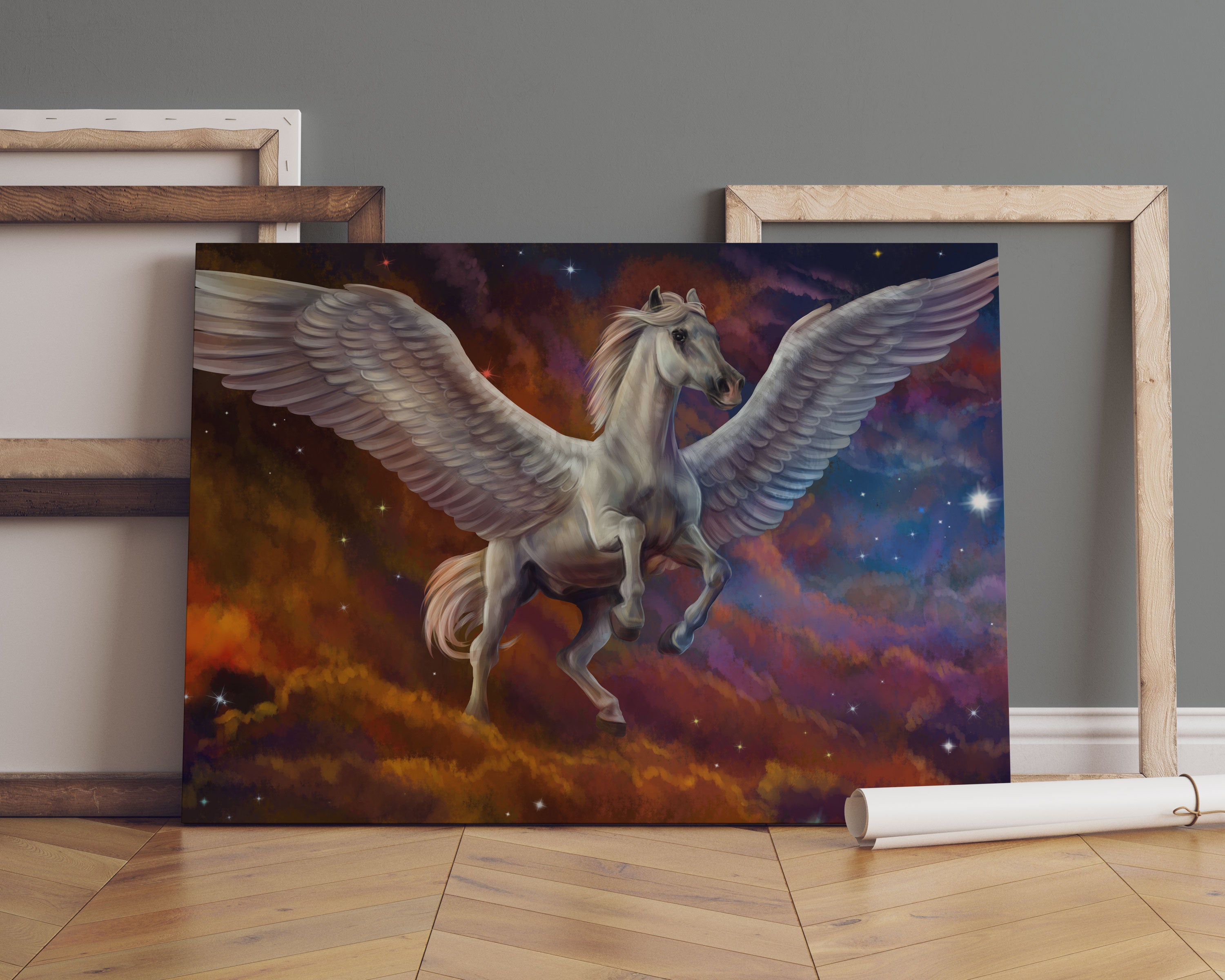 Weißer Pegasus mit Engelsflügel Leinwandbild Sofa