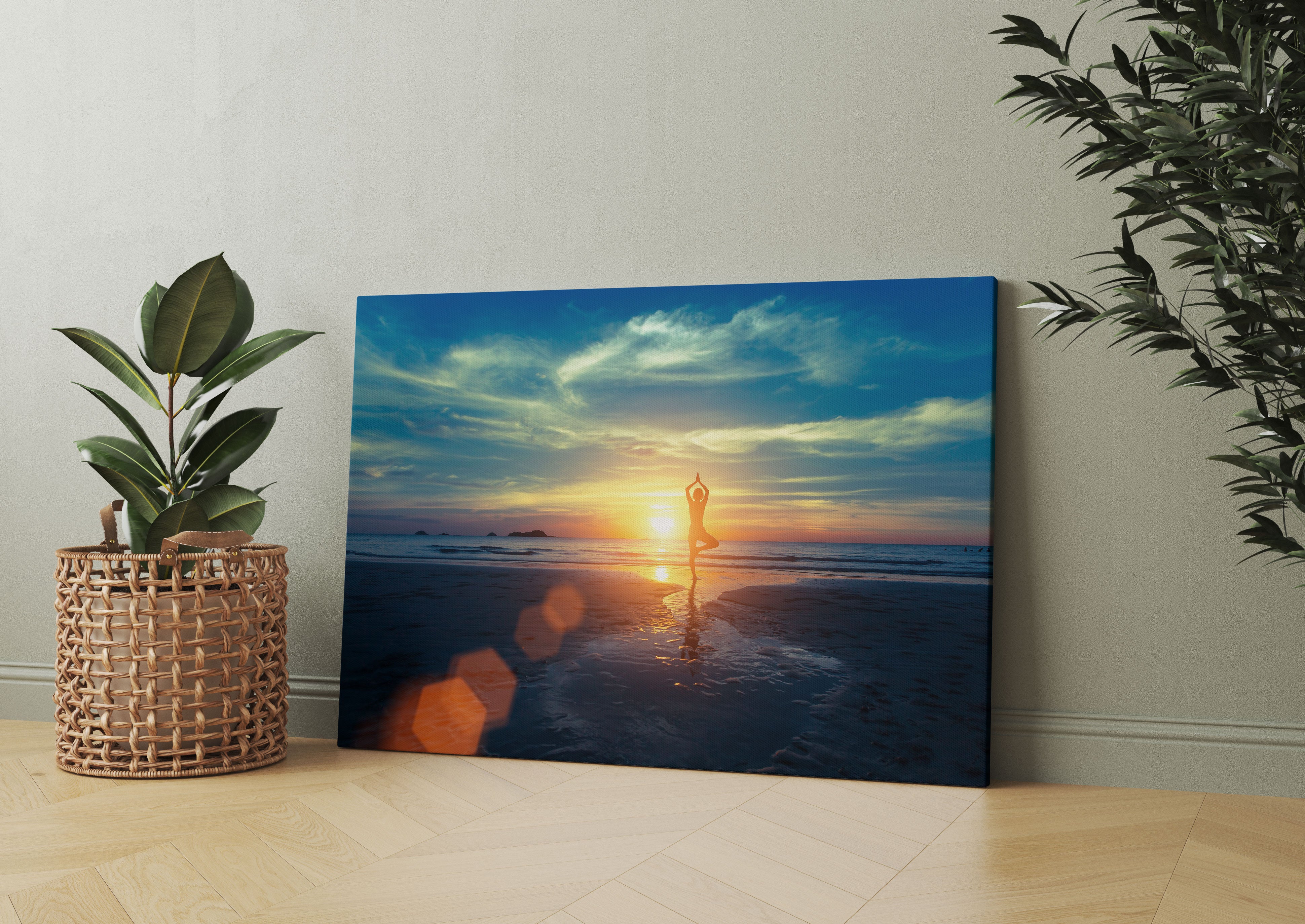 Yoga Silhouette am Strand Leinwandbild Wohnzimmer