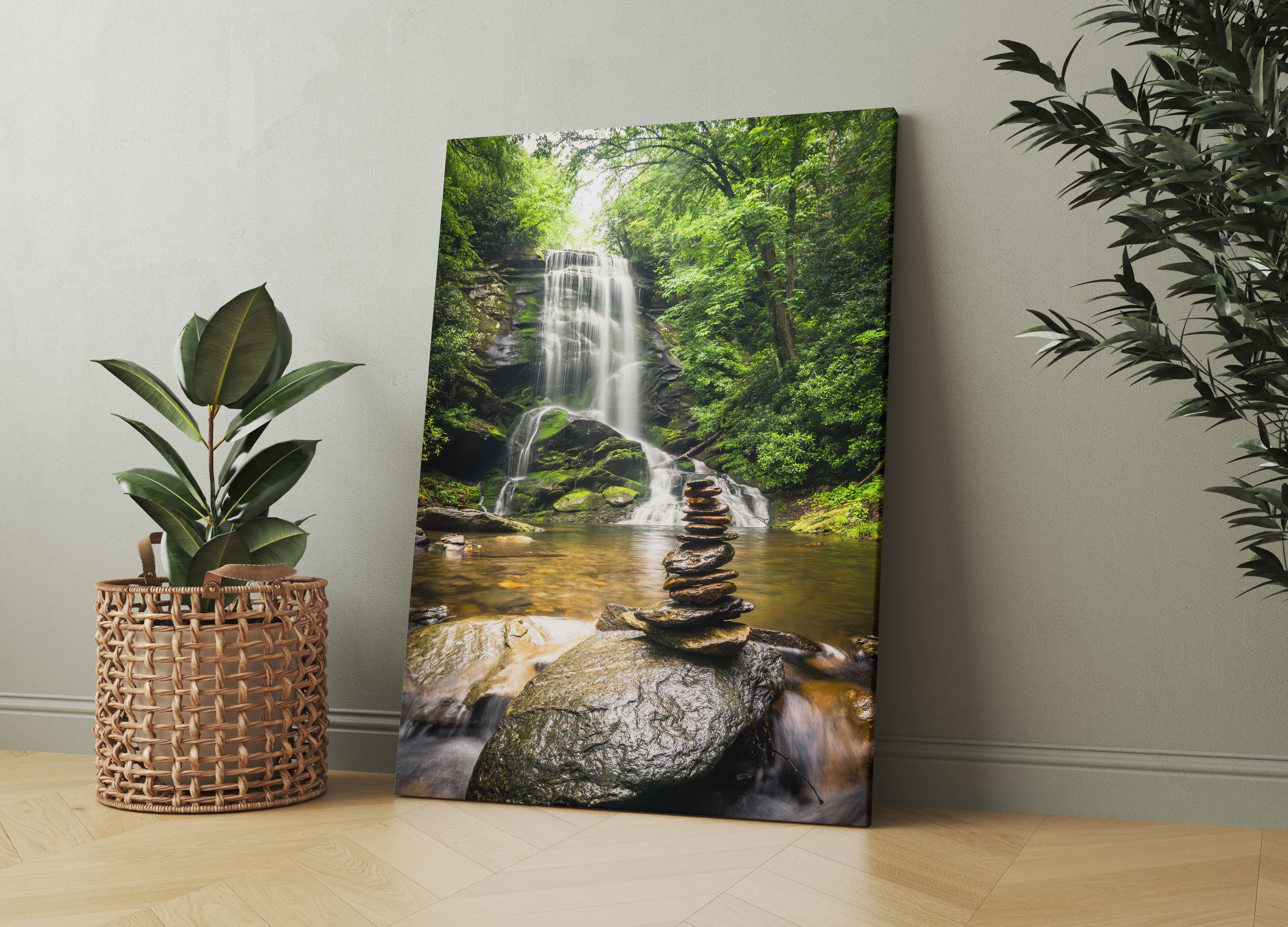 Zen Steine vor Wasserfall Leinwandbild Wohnzimmer