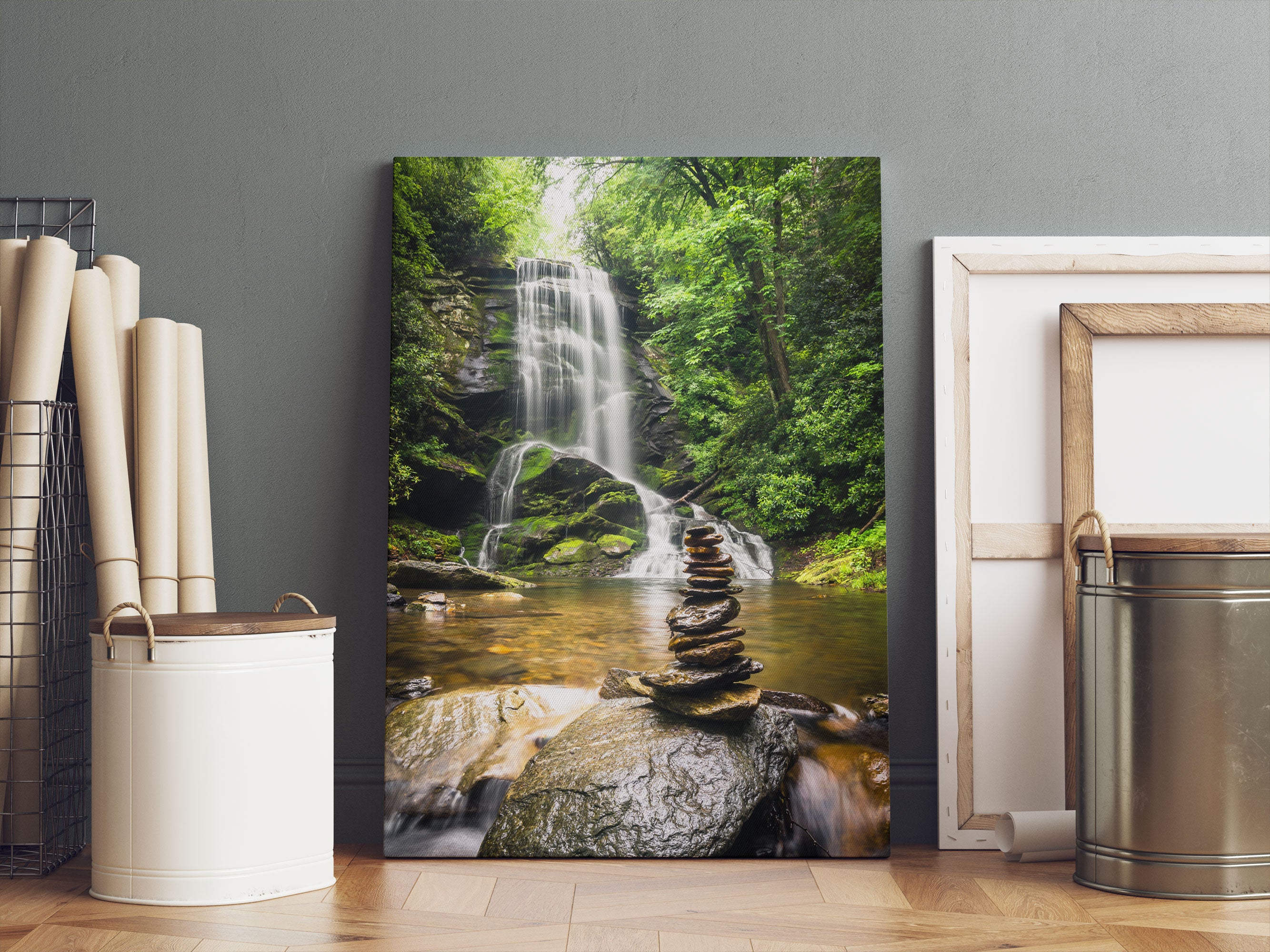 Zen Steine vor Wasserfall Leinwandbild Sofa