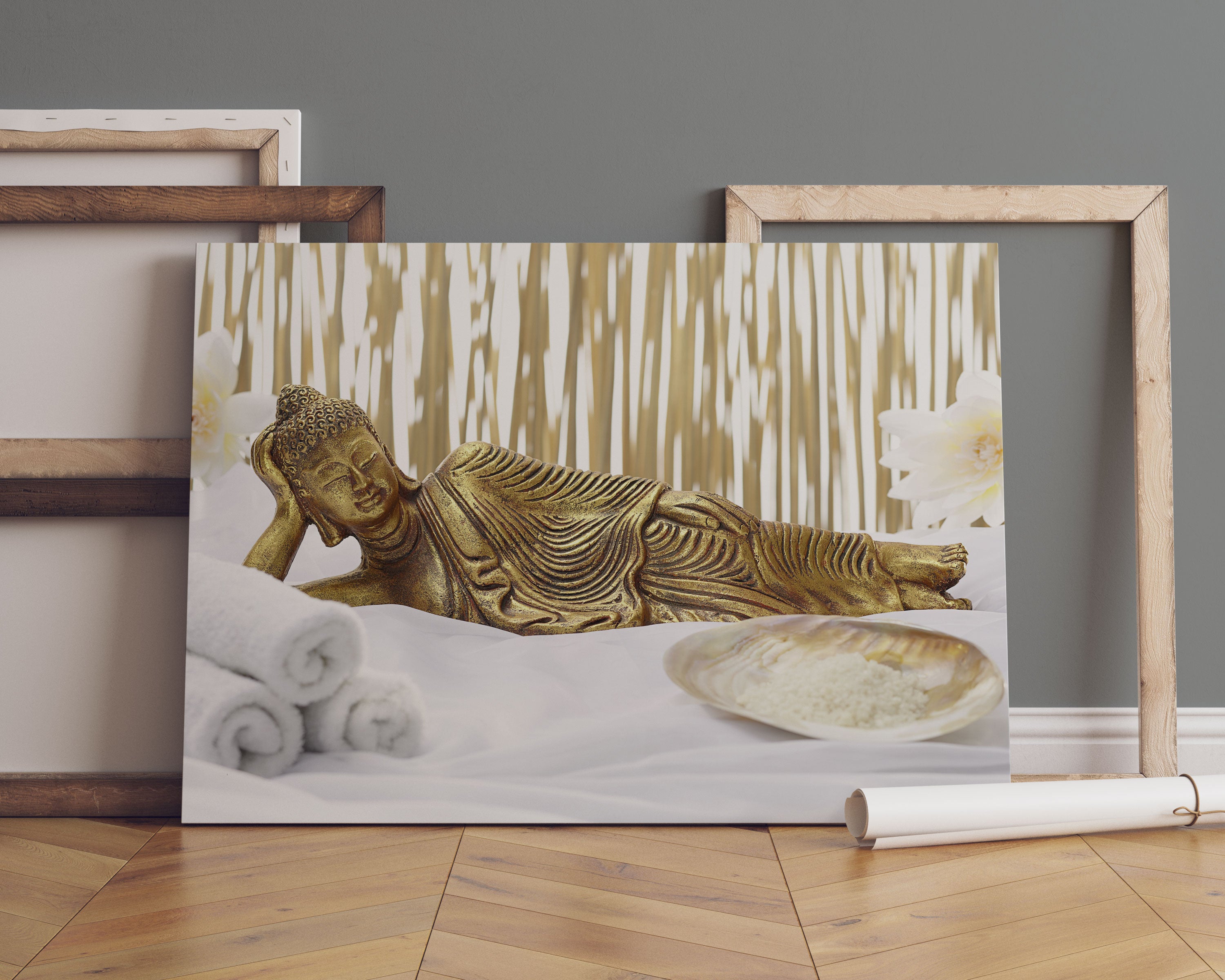 goldener Buddha auf Handtuch Leinwandbild Sofa