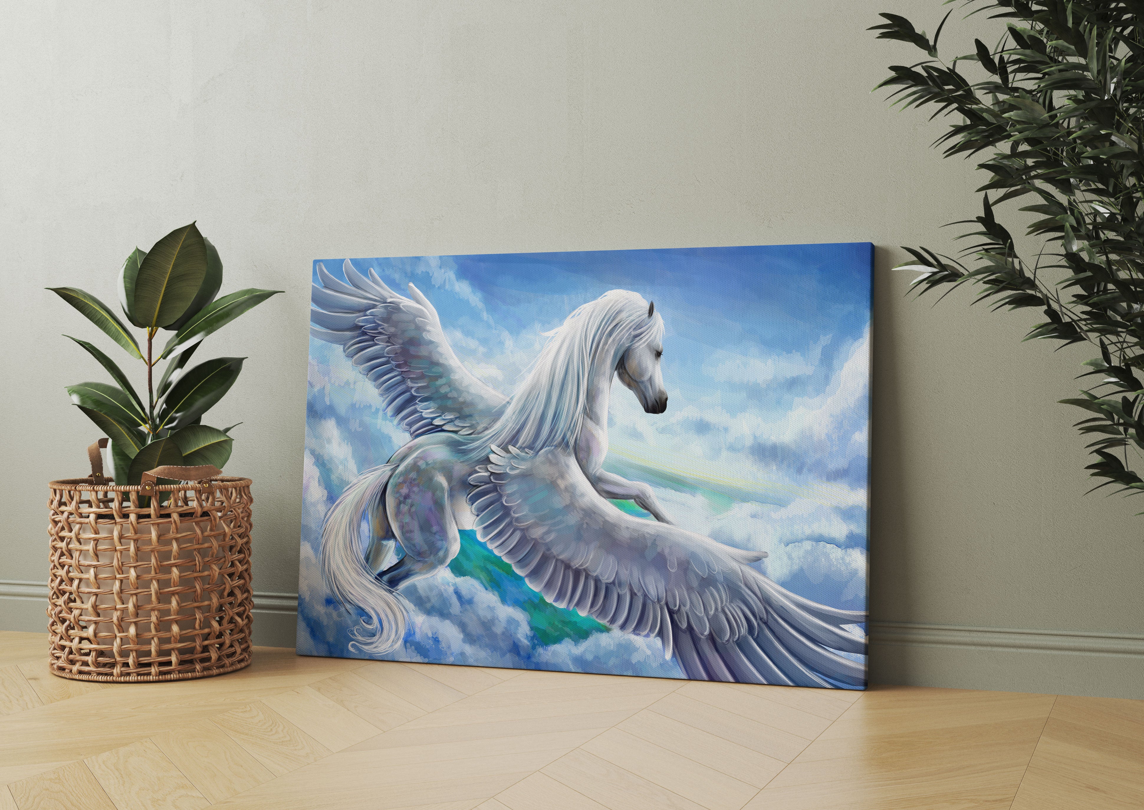 Pegasus fliegt über den Wolken Leinwandbild Wohnzimmer